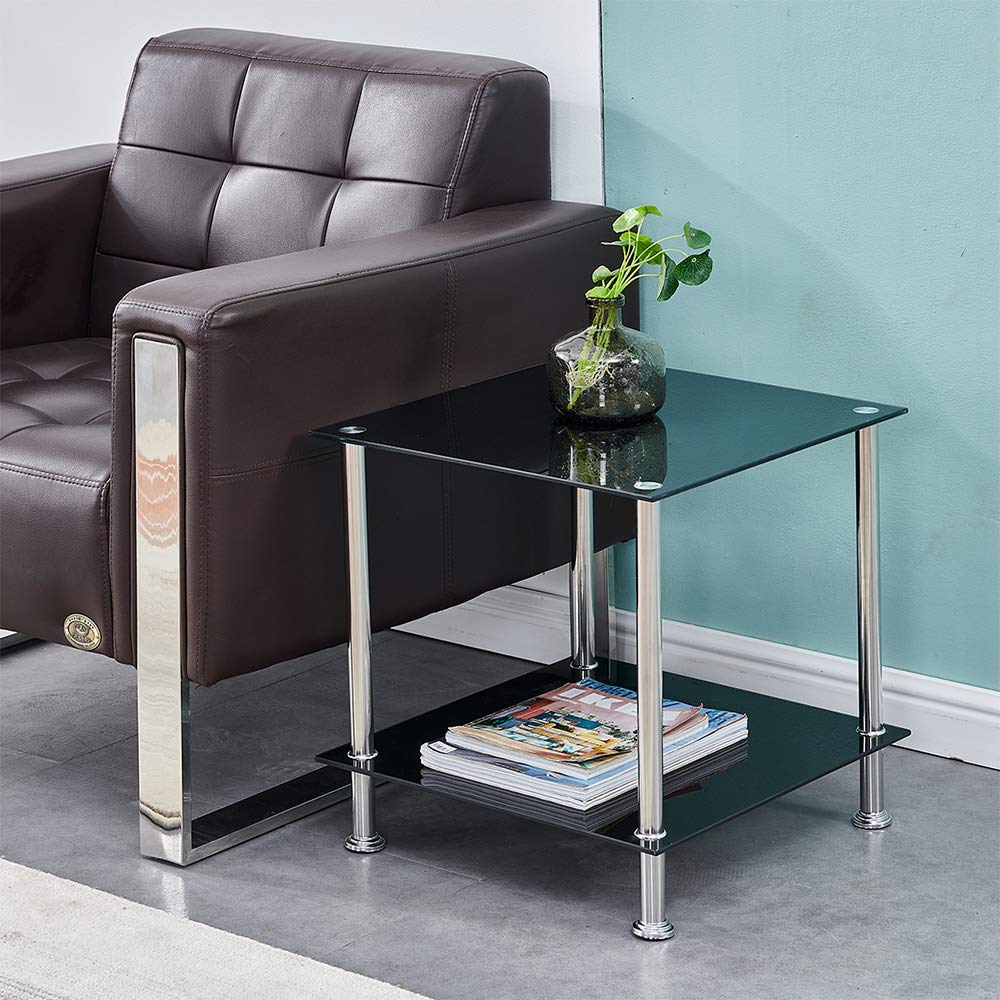 Modern Corner Sofa Side Table with Storage Shelf - 2-Tier Square End Table & Nightstand, Tempered Glass Top & Chrome Legs (Black) - Perfect for Living Room, Bedroom, or Office Use