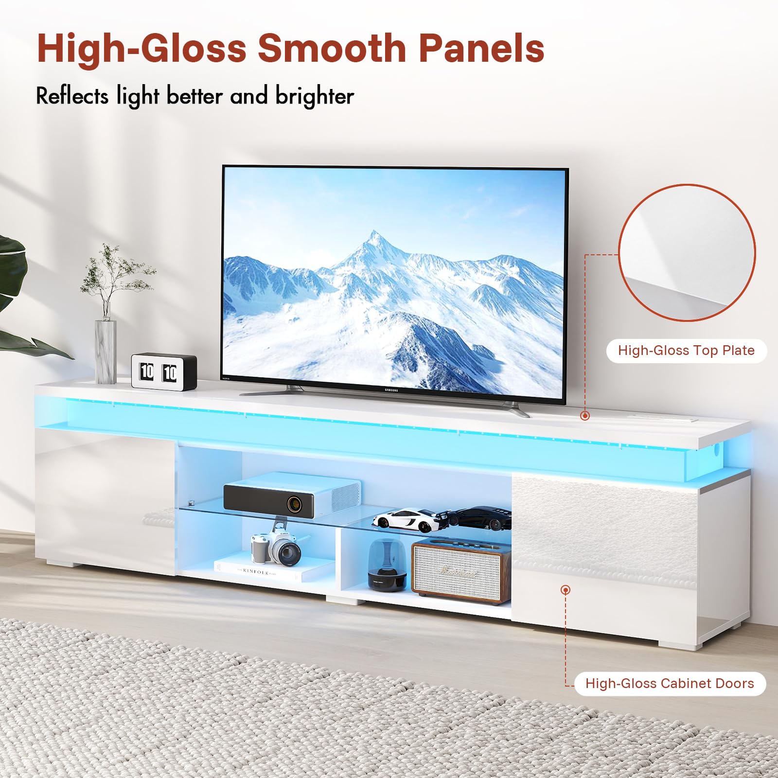 Modern White TV Stand with Light for 75-85 Inch TVs - Entertainment Center with Storage Cabinet & Open Glass Shelves - 2 AC Outlets - Perfect for Living Room & Bedroom - Stylish Media Console for Home Theater Setup & Family Entertainment
