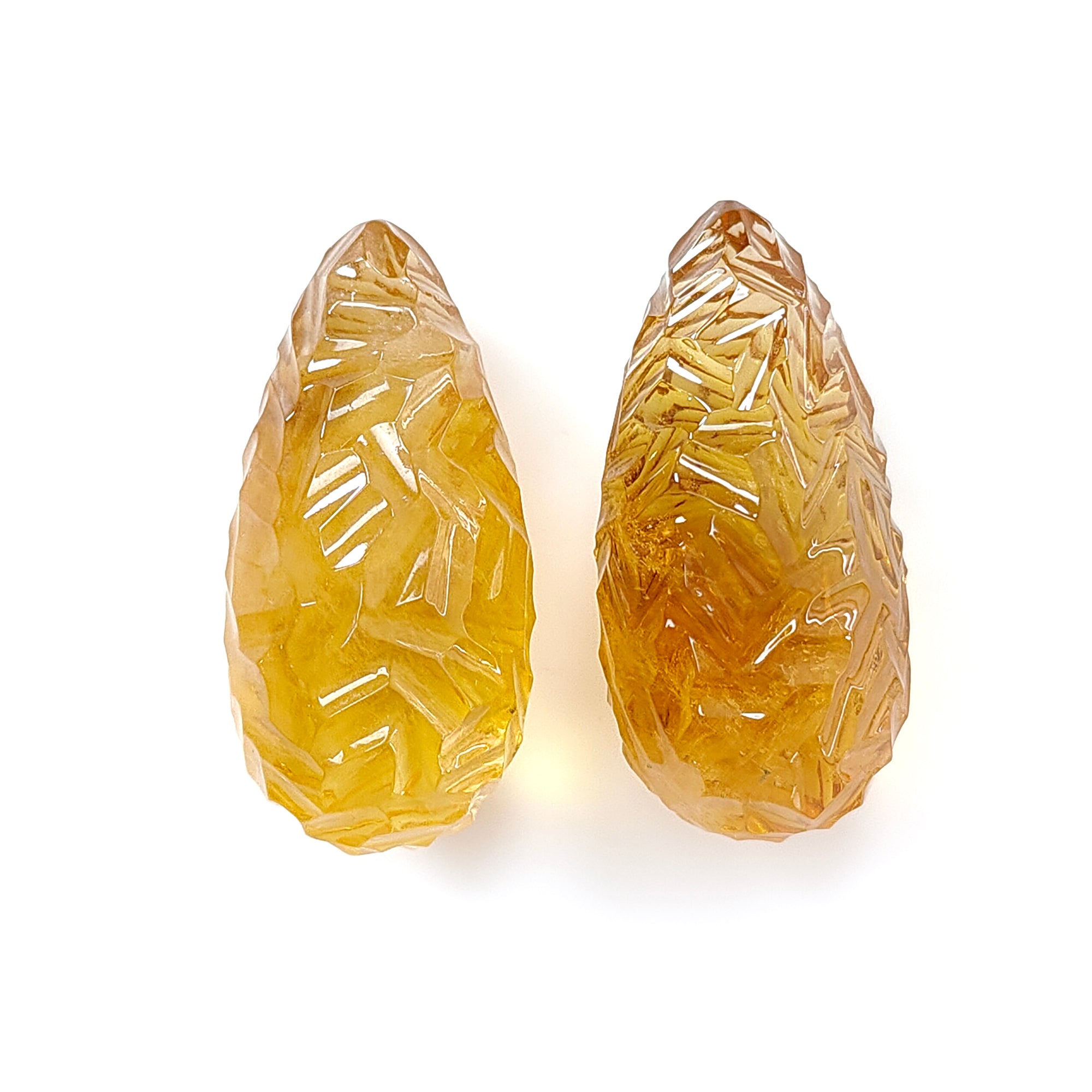 Natural Untreated Yellow Citrine Gemstone Carving - 90.70cts Hand Carved Teardrop Shape Pair (31mm) | November Birthstone Jewelry Making Supplies | Perfect for Necklace Pendants, Earrings & Gift Giving