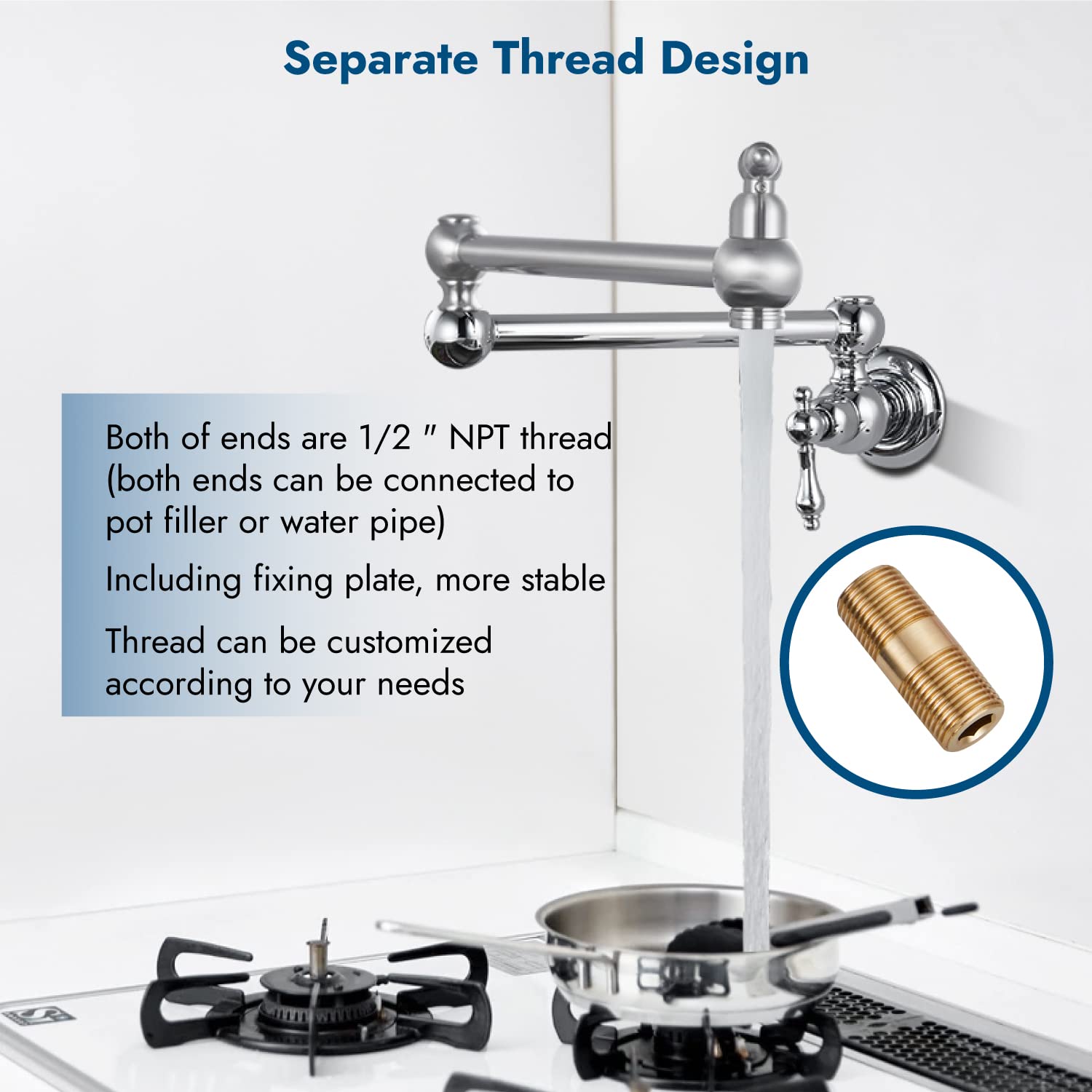 Polished Chrome Wall Mount Pot Filler Faucet - Stainless Steel Commercial Kitchen Sink Faucet with Double Joint Swing Arm & 2 Handles (1 Hole Installation) - Ideal for Restaurants, Home Kitchens & High-Traffic Cooking Areas