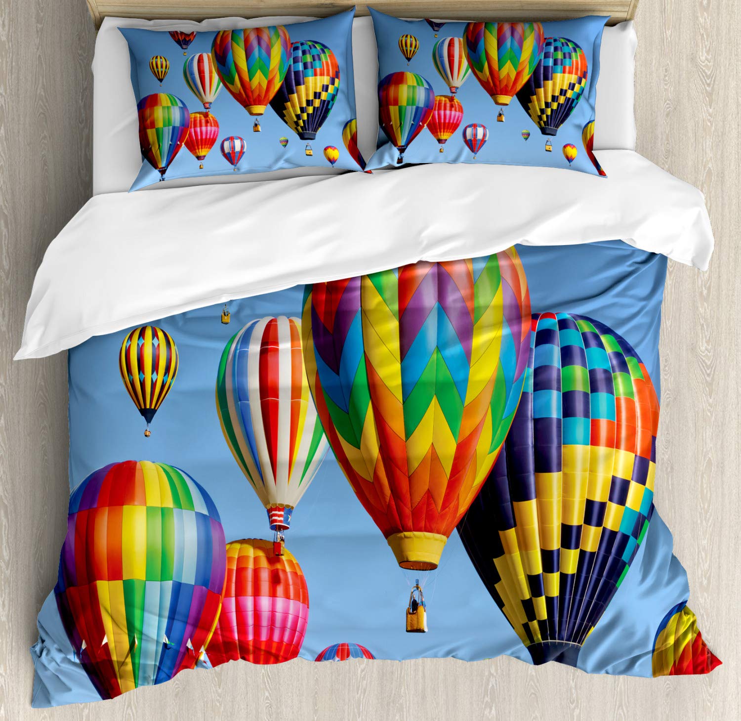 Ambesonne Balloon Duvet Cover Set - Colorful Hot Air Balloons Sky Photography Design, Aviation & Travel Themed 3-Piece Queen Size Bedding Set with 2 Pillow Shams, Multicolor - Perfect for Kids' Rooms, Guest Bedrooms & Travel-Themed Decor