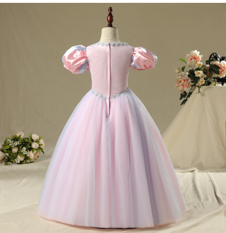 Pink Satin Tulle A-Line Flower Girl Dress with Lace Long Puff Sleeves - Perfect for Weddings, Baptisms & Special Occasions