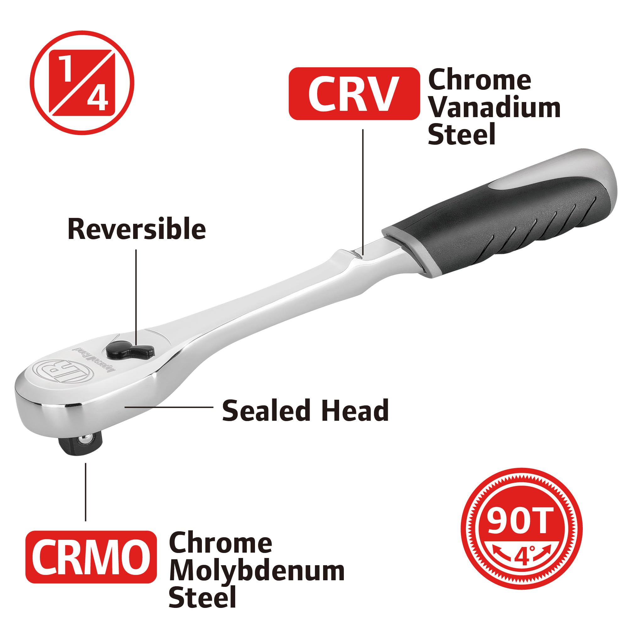 Ingersoll Rand 1/4 Inch Drive 90-Tooth Ratchet Wrench with Double Injection Handle - Heavy Duty Mechanics Tool for Automotive Repair & DIY Projects (Model 759991)