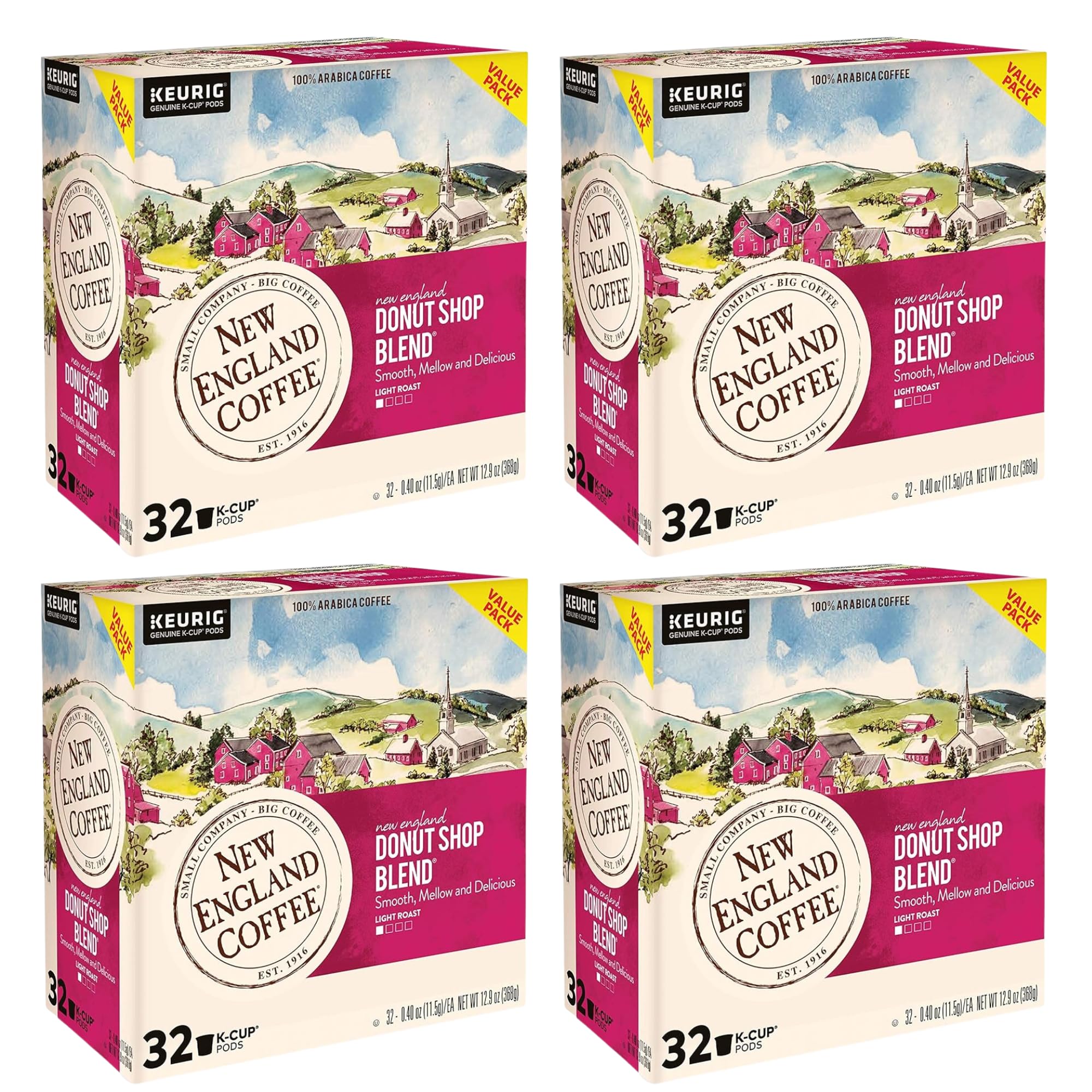 New England Coffee Donut Shop Blend Light Roast Single Serve Pods - 128 Count (4 Boxes of 32) - Perfect for Keurig Brewers, Office Coffee Stations & Morning Routines