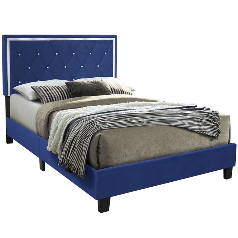 Pemberly Row Modern Velvet Upholstered Queen Size Platform Bed Frame - Luxurious Blue Velvet Fabric - Perfect for Contemporary Bedroom Decor & Master Suite Upgrade