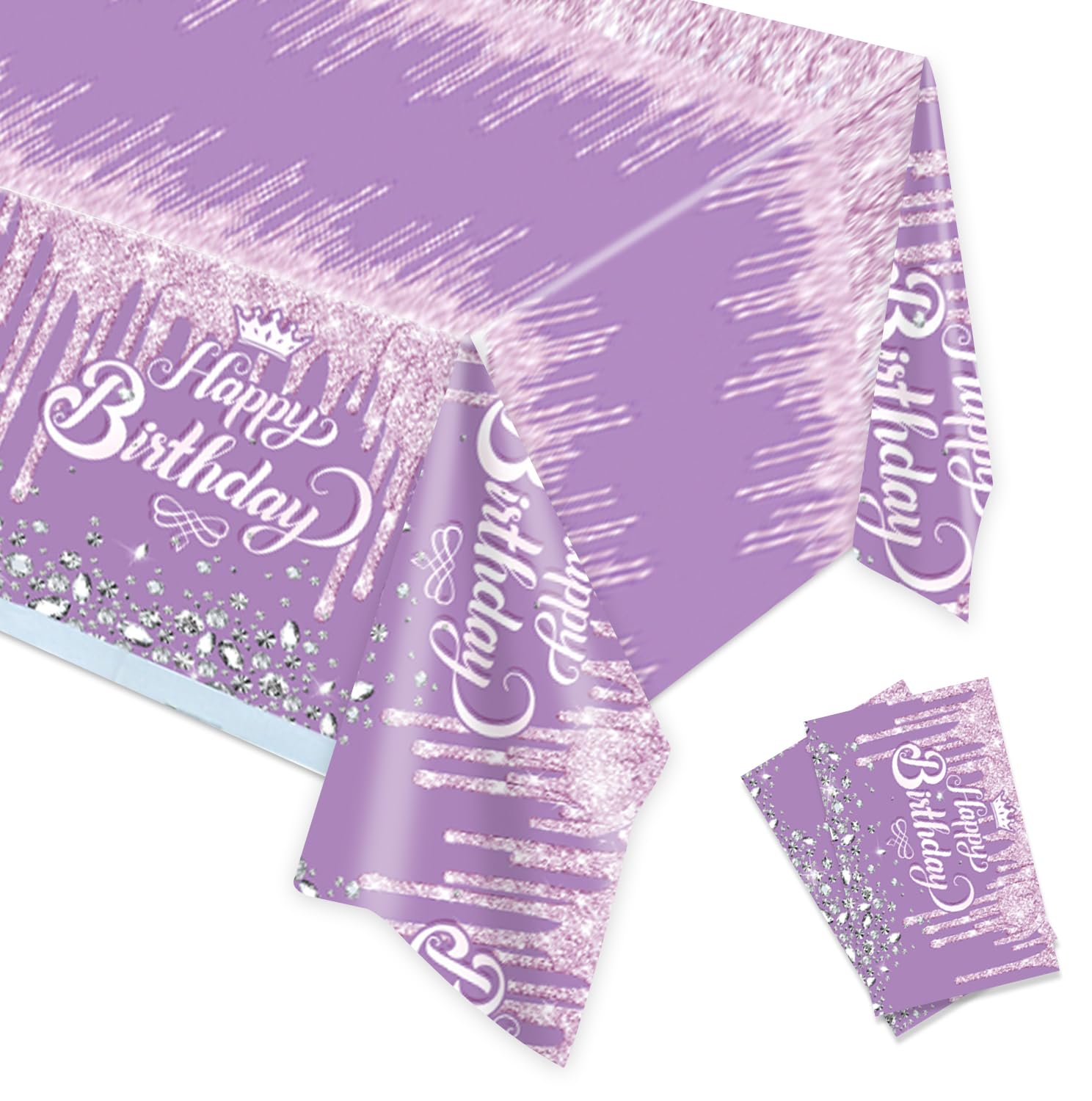 2 Pack Purple & Silver Glitter Diamond Happy Birthday Tablecloth - 70 x 51 Inch Party Table Cover for Boys & Girls Birthday Decorations - Perfect for Birthday Parties, Baby Showers & Special Events