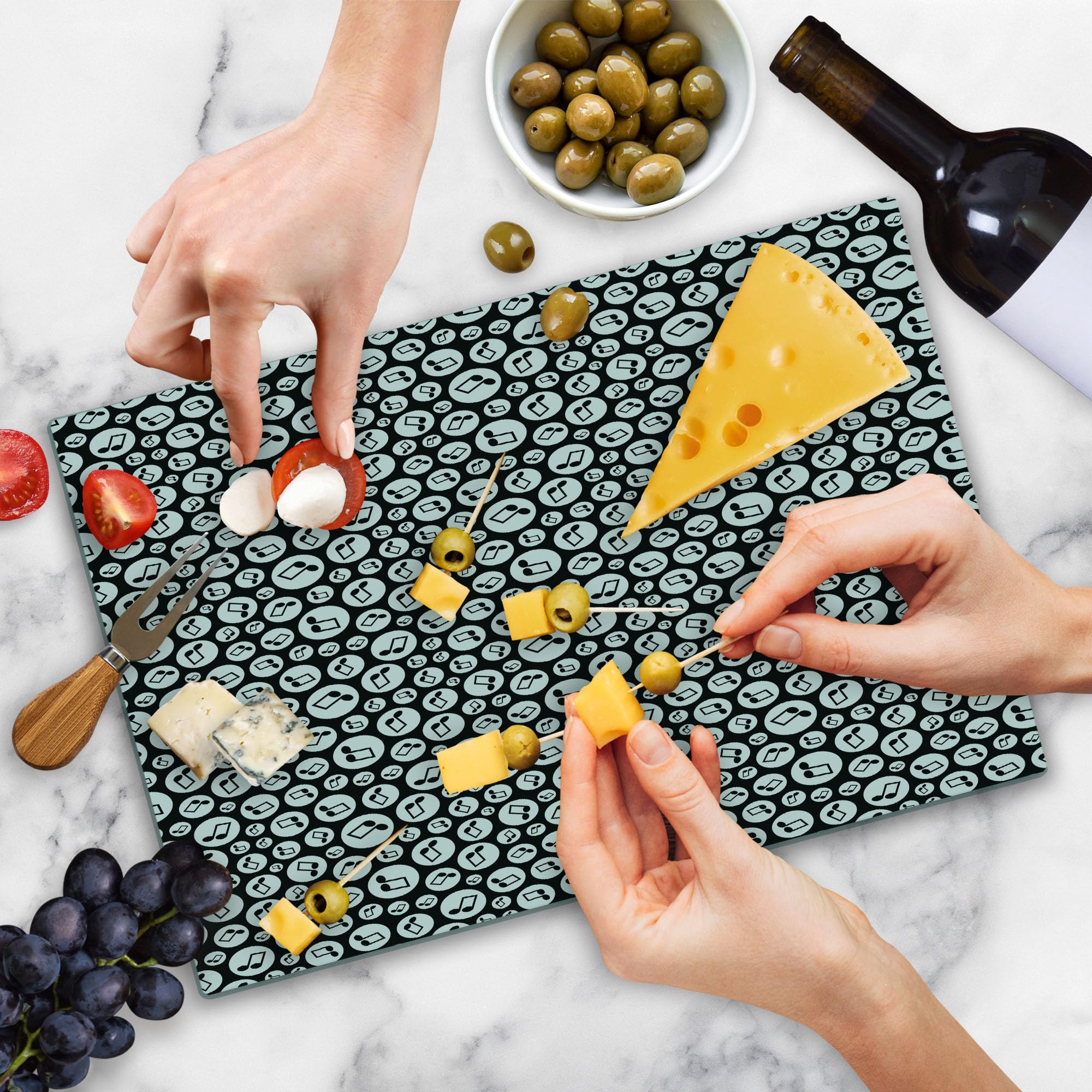 Ambesonne Music Themed Tempered Glass Cutting Board - Circular Hoops Band Party Disco Punk Print, Large Black & White Decorative Serving Board for Kitchen, Entertaining & Gift Giving