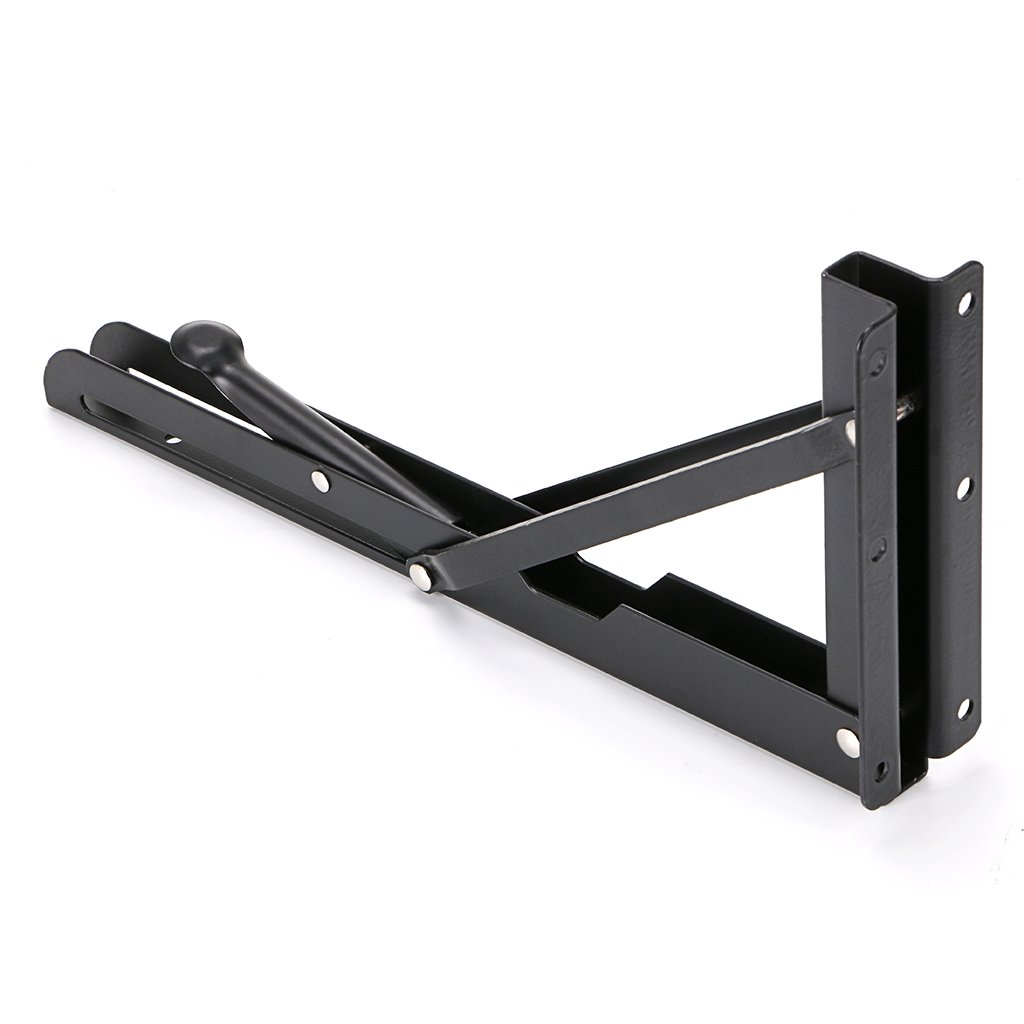 Heavy Duty Metal Folding Shelf Brackets 12 Inch - 2 Pack Black Triangle Wall Mounted Hinges for Tables, Benches & Shelves | Sturdy Support for Home, Garage & Workshop Organization