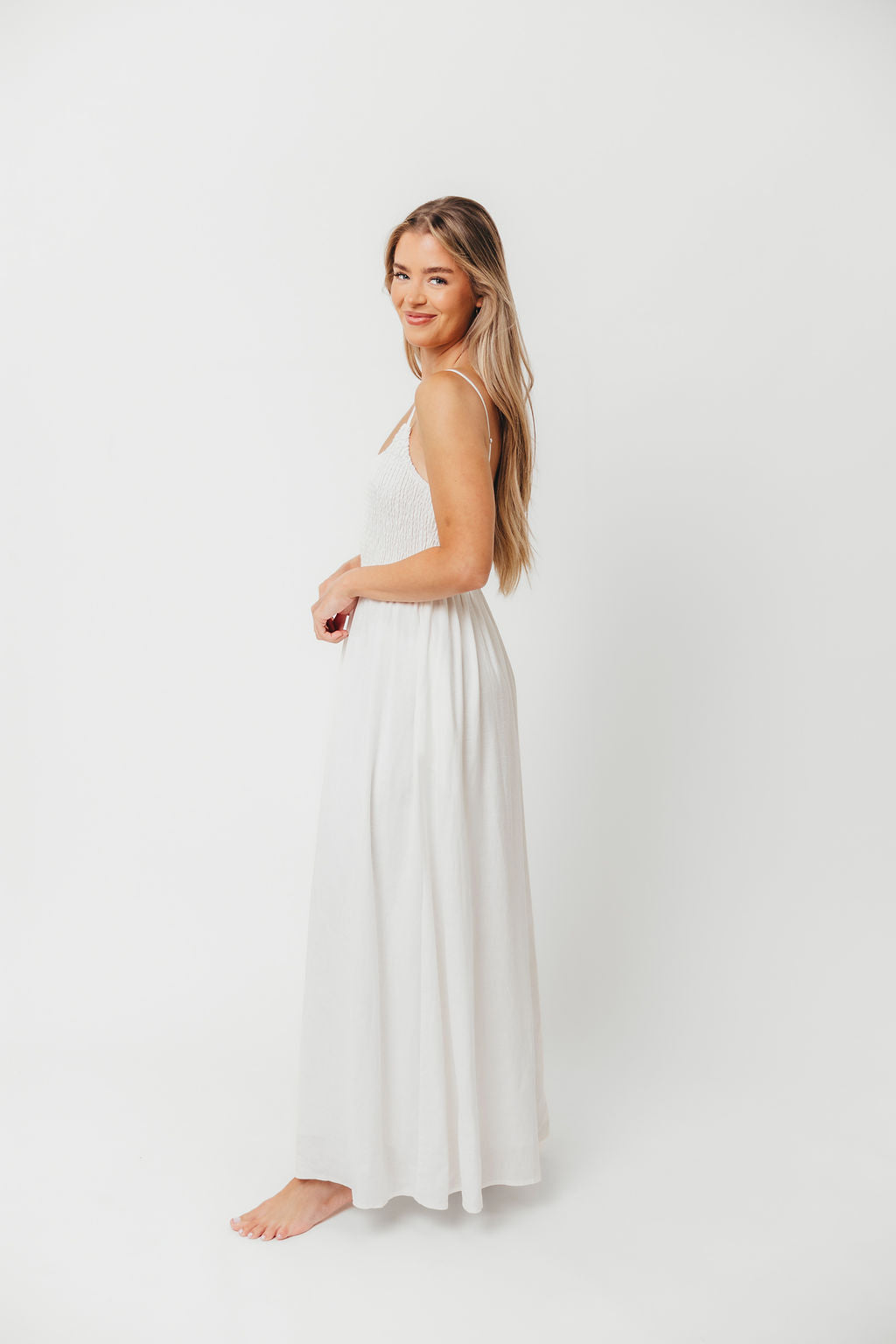 Josefina Off White Smocked Maxi Dress for Women - Elegant Summer Beach Wedding Party Dress