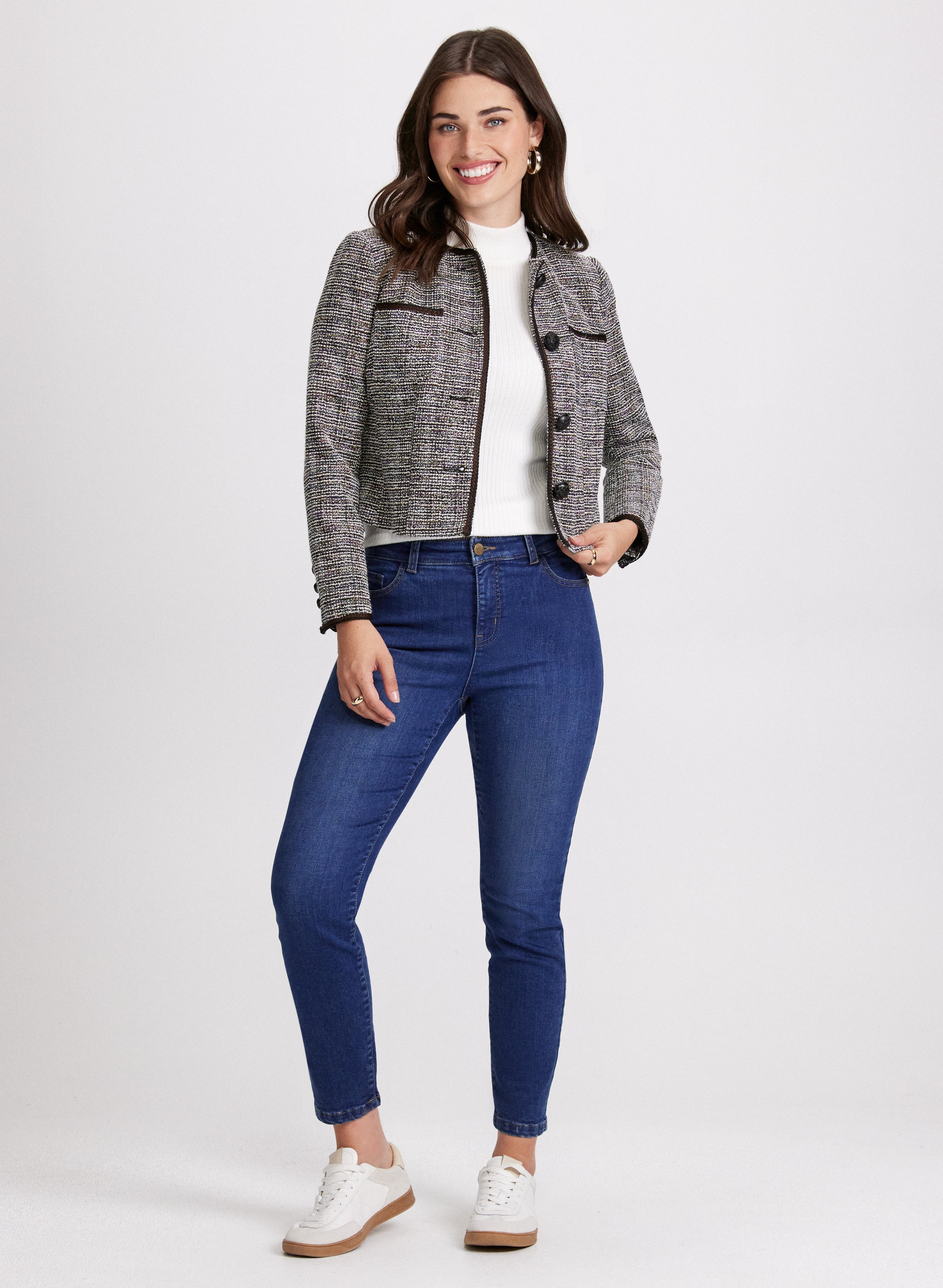 Cropped Bouclé Jacket & Slim Leg Jeans Set - Women's Fashion Outfit for Casual Wear & Street Style | Perfect for Spring & Fall Seasons