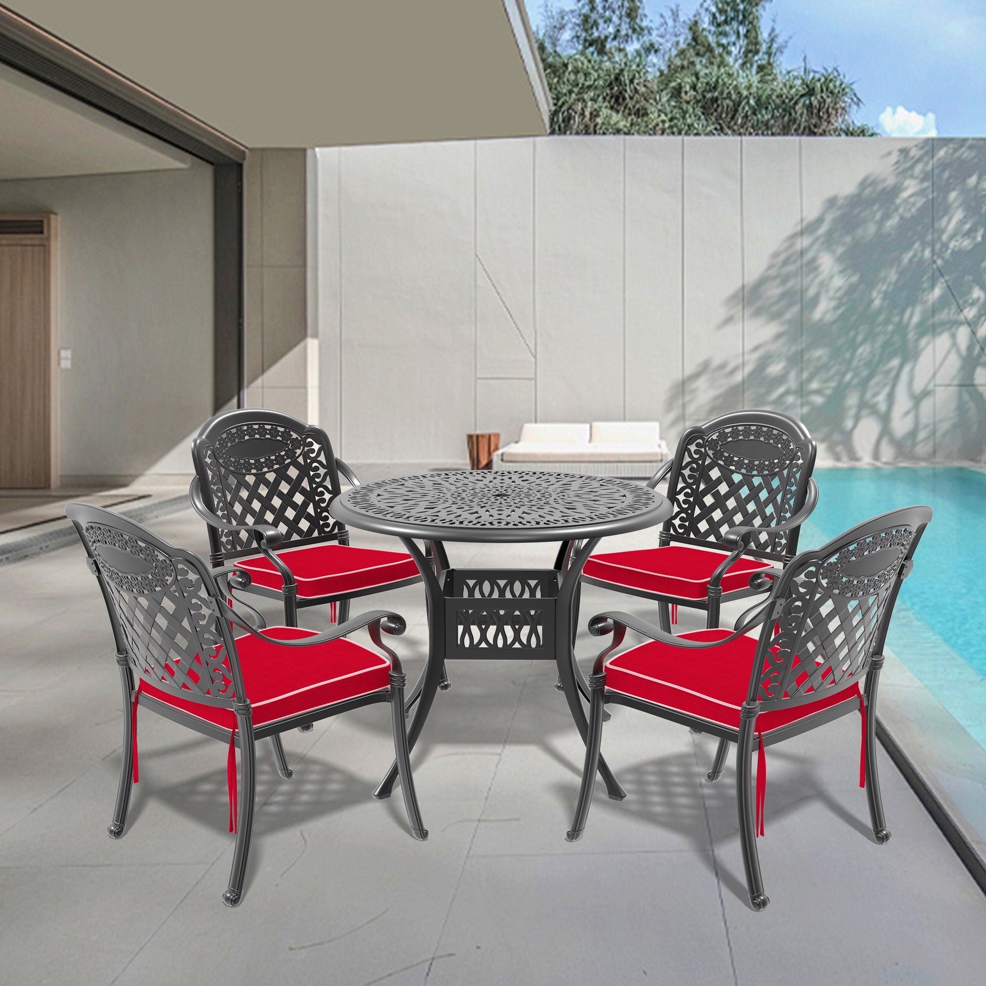 5-Piece Cast Aluminum Patio Furniture Set with Cushions - Outdoor Dining & Lounge Set for Garden, Poolside, Backyard - Includes Comfortable Cushions in Assorted Colors