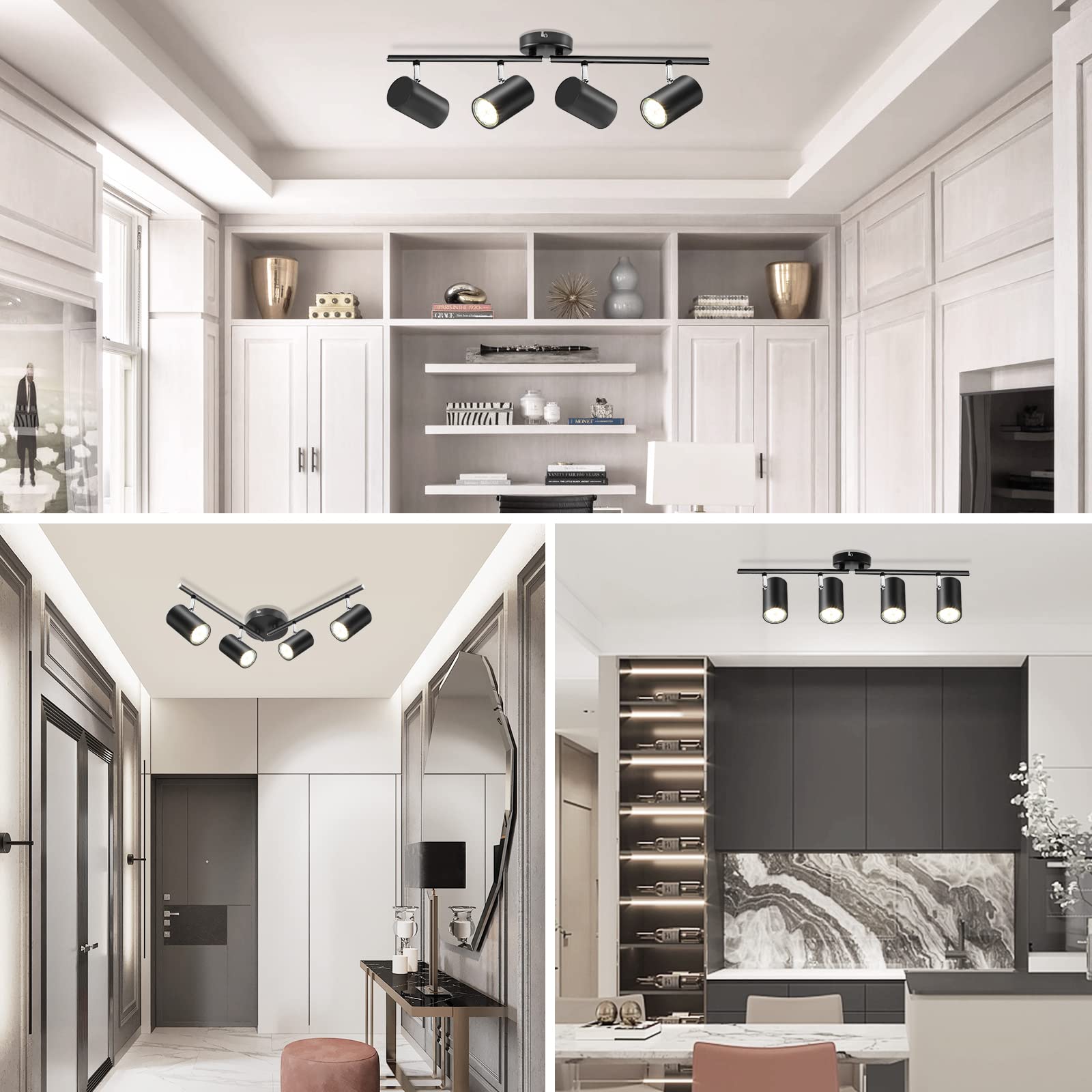 Kimjo 4-Light Black Adjustable LED Track Lighting Fixture for Ceiling - 4 Way Track Light Kit with GU10 Socket - Modern Spot Lighting for Kitchen, Dining Room, Bar, Office & Retail Spaces