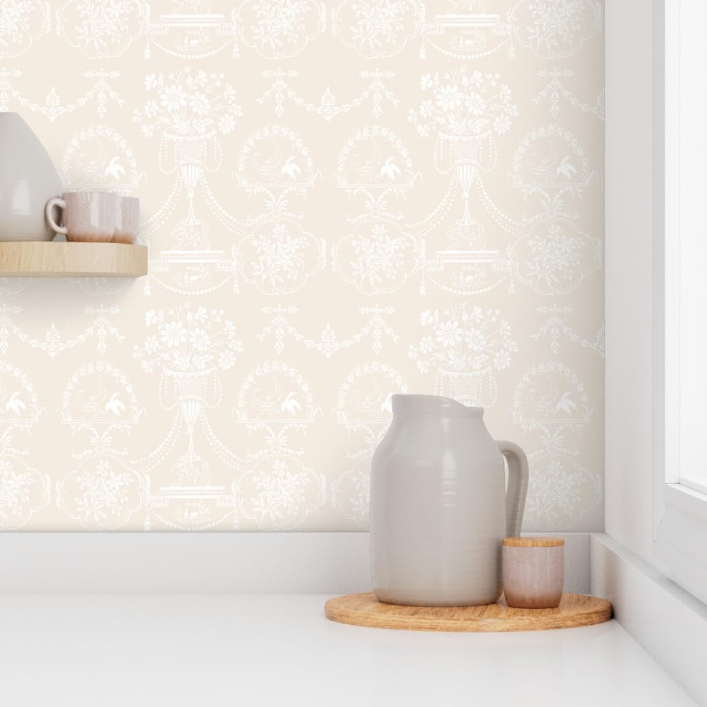 Peel & Stick Removable Wallpaper - 9ft x 2ft Neutral Cream Toile Floral Design | Perfect for Bedroom, Nursery & Wedding Decor | Custom Self-Adhesive Wallpaper by Spoonflower