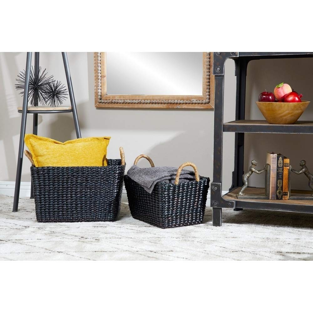 Handwoven Black Wicker Basket with Handles - Natural Fiber for Storage & Decor