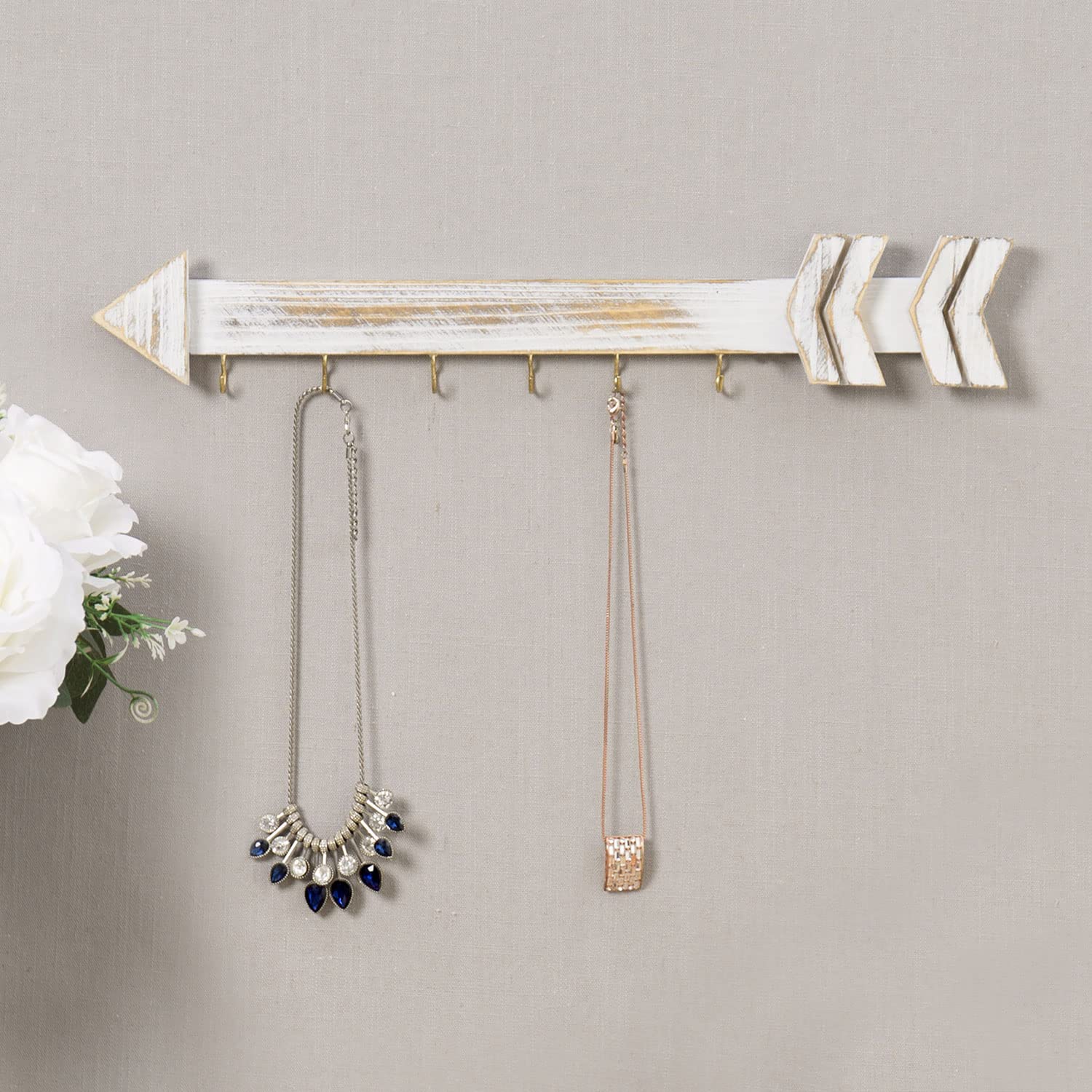 MyGift Whitewashed Wood Wall Jewelry Organizer - Arrow Design Necklace Hanging Rack with 6 Hooks | Perfect for Bedroom, Bathroom & Closet Organization | Space-Saving Jewelry Storage Solution