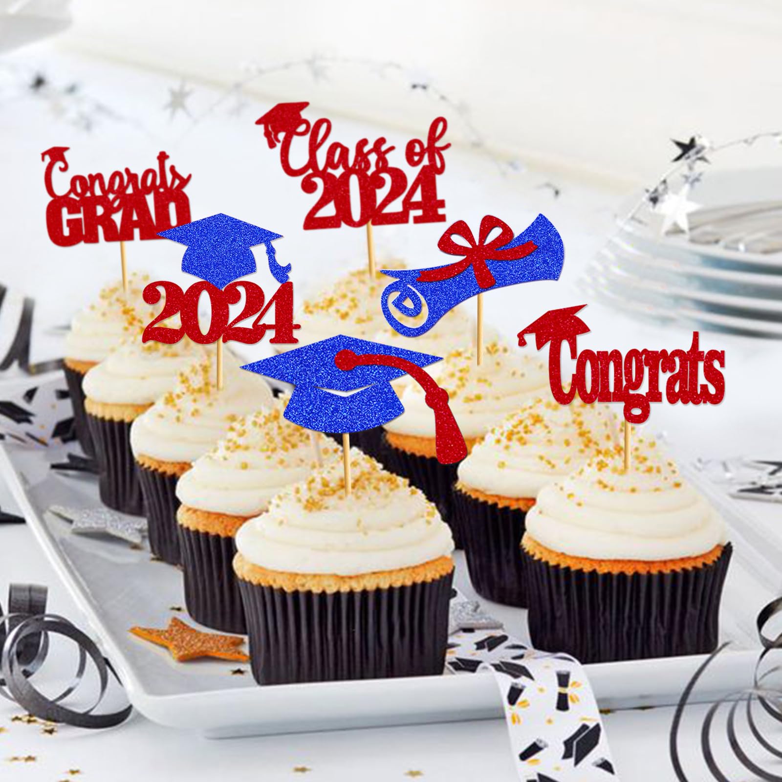 24Pcs Red and Blue Graduation Cupcake Toppers - Class of 2024 Decorations, Graduation Party Supplies, Cake Picks for Grad Ceremony, School Celebration & Dessert Decoration