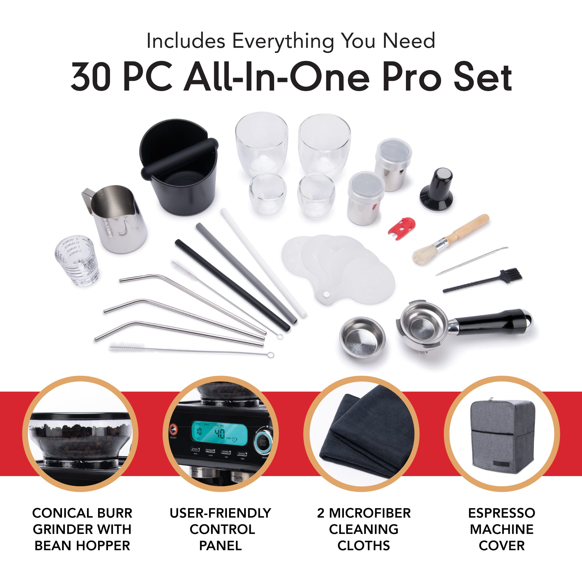 EspressoWorks Barista Pro Series 15-Bar Espresso Machine with Built-in Grinder & Milk Steamer - LCD Display, 30-Piece Coffee Bundle - Fast 60-Second Heat Up for Latte & Cappuccino - Perfect for Home Baristas & Coffee Lovers (Black) | Ideal for Kitchen Countertops, Office Break Rooms & Coffee Shops