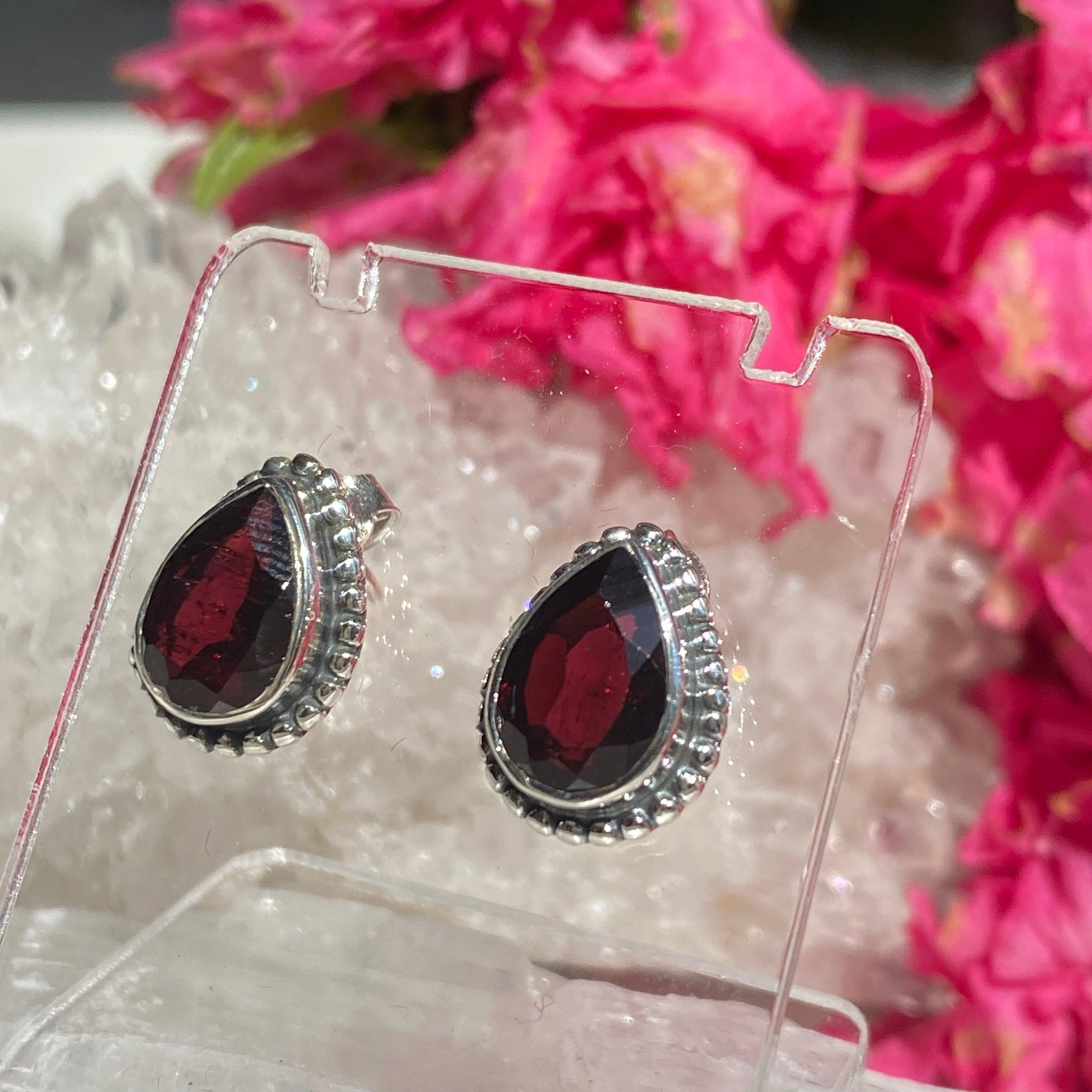 Garnet Faceted Teardrop Stud Earrings for Women - Elegant Red Gemstone Jewelry Gift for Birthday, Anniversary & Party - KEGJ1066