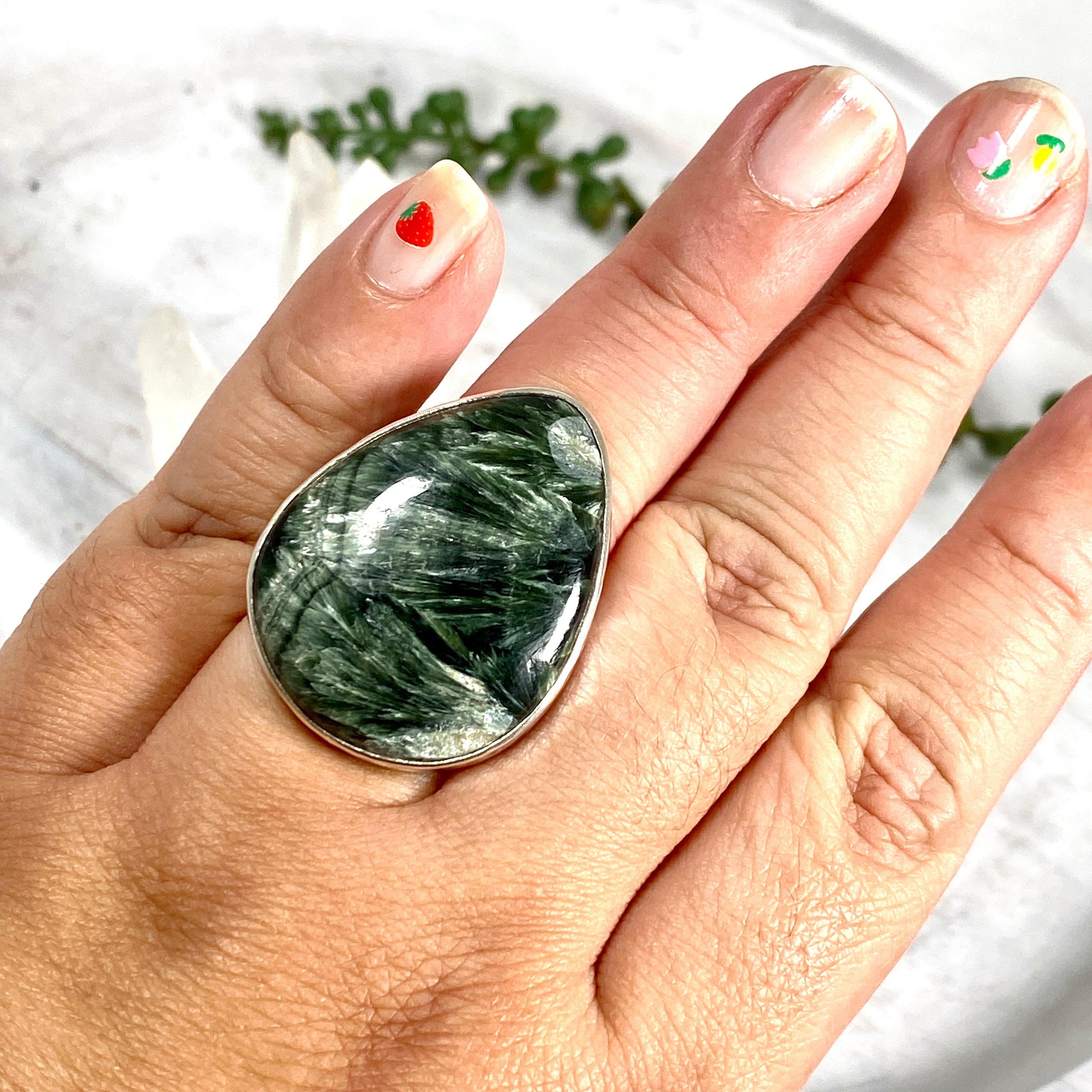 Seraphinite Teardrop Beaten Band Ring - Size 10 - KRGJ1633 - Elegant Bohemian Jewelry for Women, Perfect for Weddings, Parties & Everyday Wear