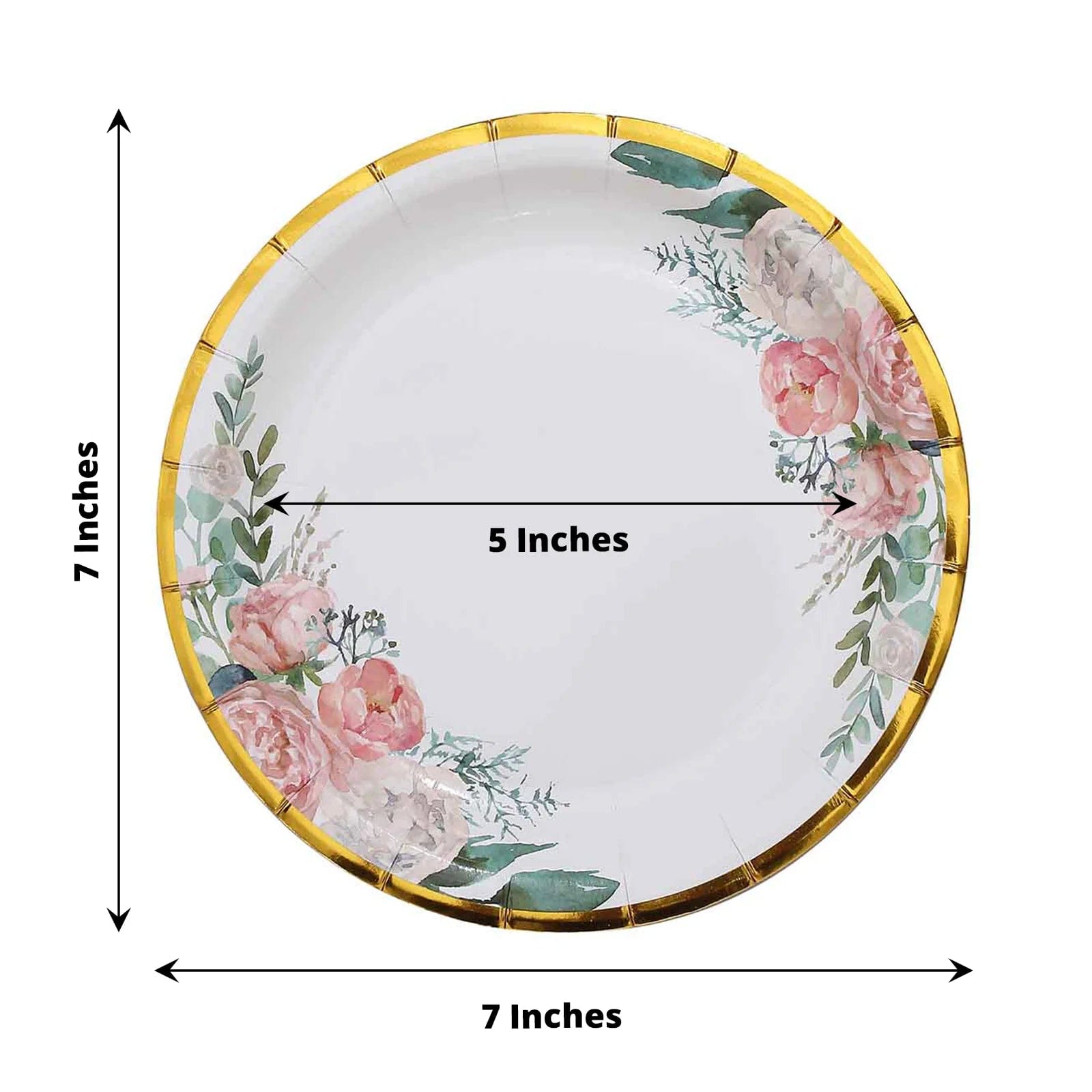25 White Round Disposable Paper Plates with Elegant Floral Design & Gold Trim - Perfect for Weddings, Parties, and Special Occasions