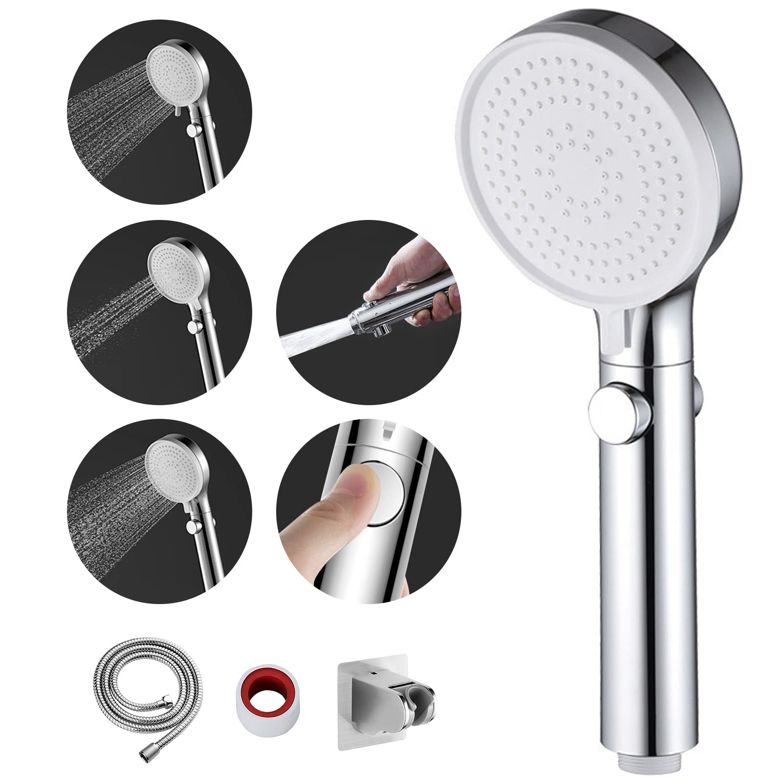 High Pressure Shower Head with Hose - 3 Adjustable Spray Modes, Water Saving & Stop Function, Chrome Finish (Shower Head + Hose + Holder) - Perfect for Bathroom, Spa & Relaxation