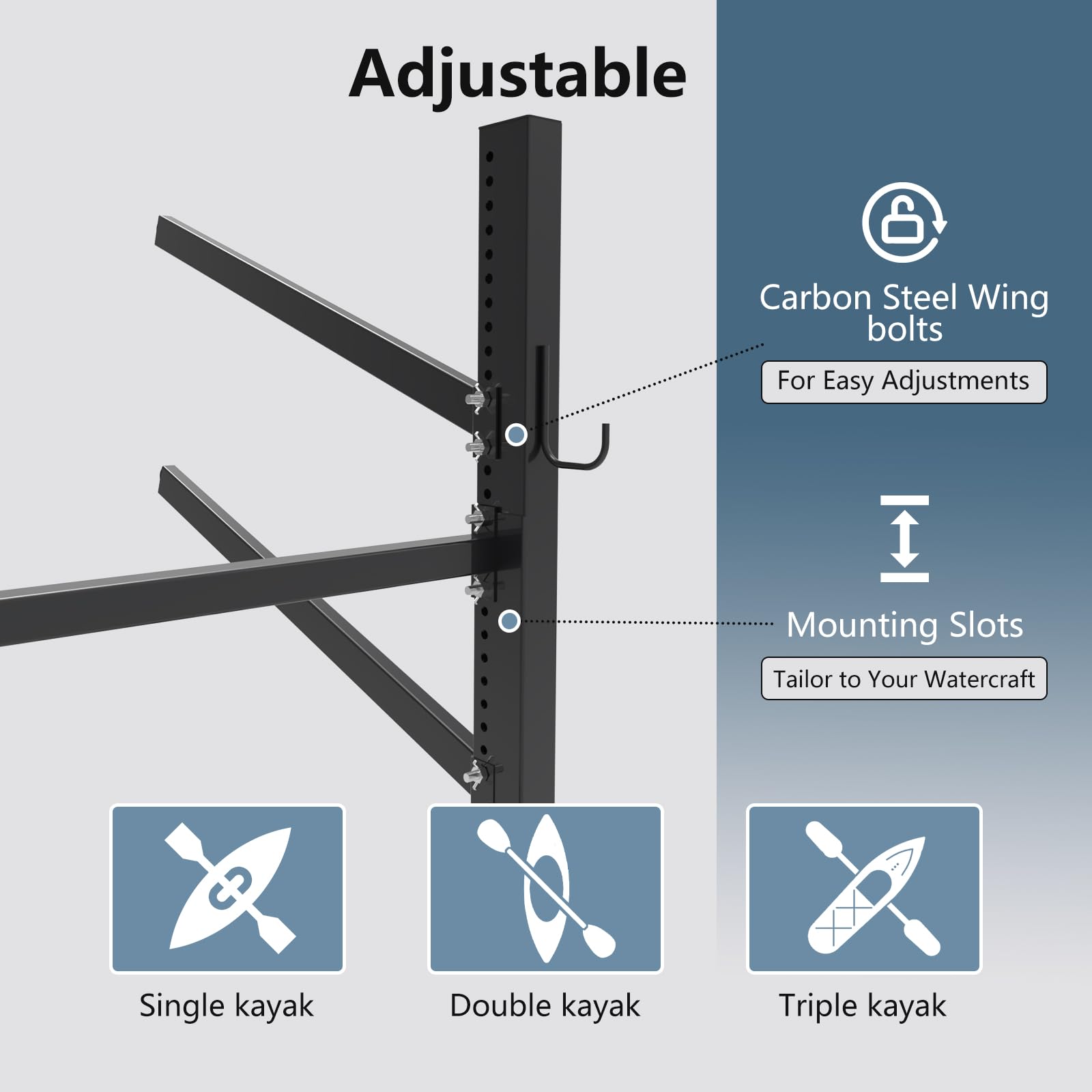 Heavy Duty Adjustable Freestanding Kayak and Canoe Storage Rack - One-Sided SUP Stand for Indoor, Garage, Shed & Dock - Weatherproof Outdoor Kayak Holder for Easy Organization & Space Saving