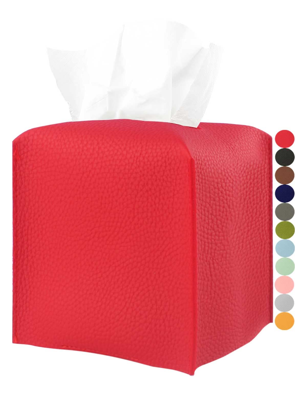 JESMINI Modern PU Leather Red Tissue Box Cover – Square Design with Bottom Belt, 5x5x5 Inches – Decorative Tissue Holder for Bathroom Vanity, Nightstand, Office Desk & Home Décor – Perfect for Living Room, Bedroom, or Office Organization