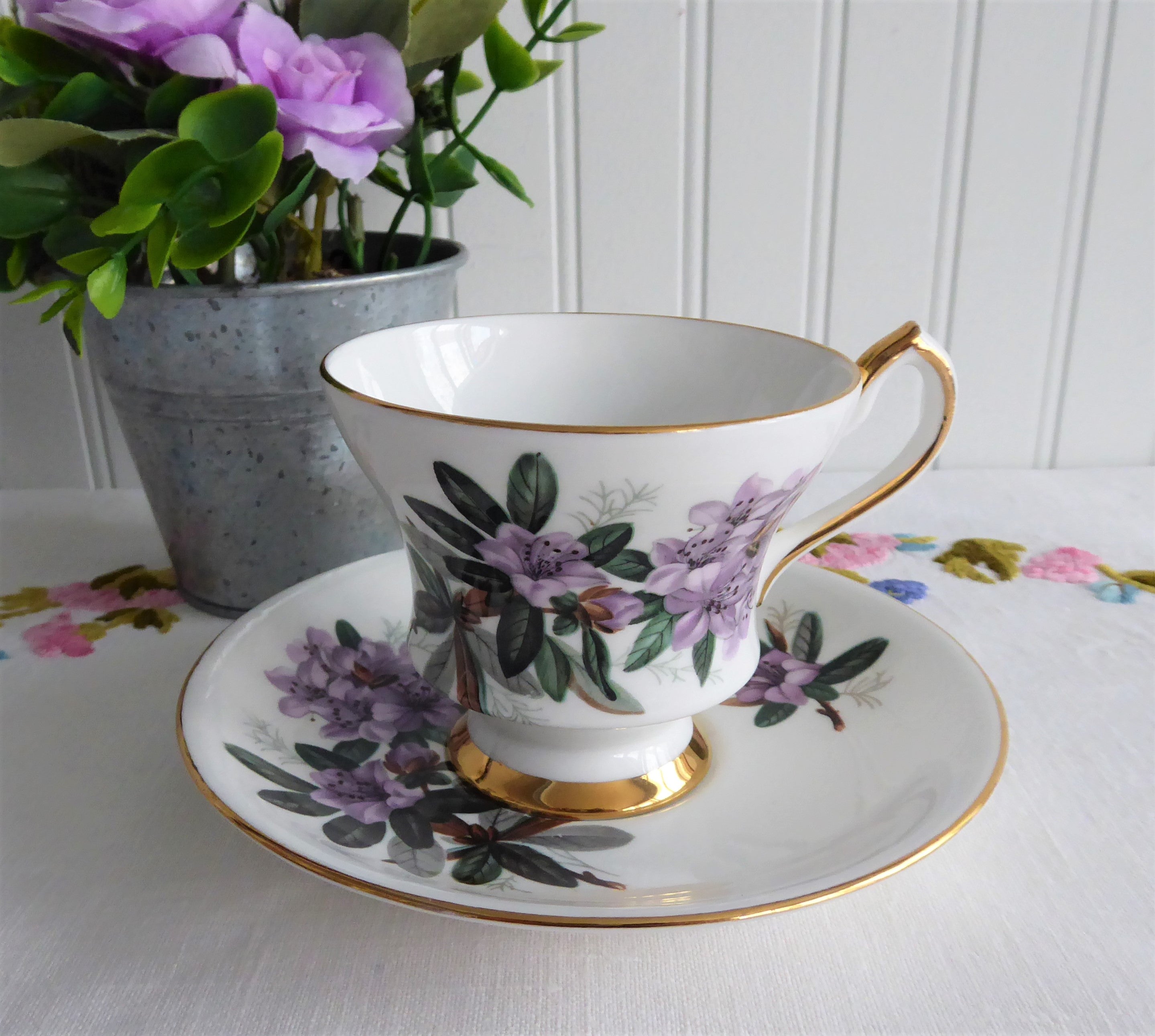 Vintage 1960s English Bone China Cup and Saucer Set with Lavender Azaleas & Rhododendrons Floral Pattern - Perfect for Afternoon Tea, Collectible Tableware, and Gift Giving