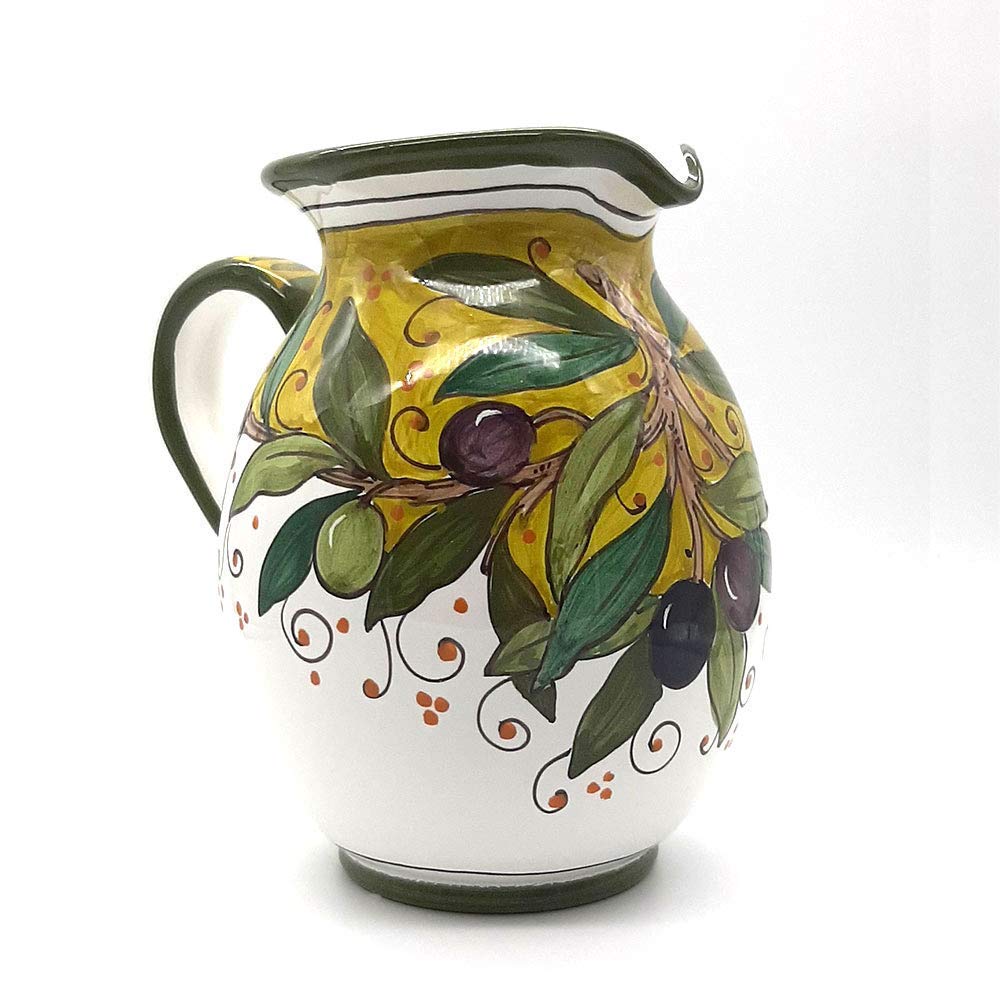Italian Ceramic Pitcher 33oz - Hand Painted Olive Green Kitchen Carafe & Utensil Holder - Tuscan Pottery Wine Dispenser - Authentic Italian Home Decor for Dining Table, Kitchen Counter & Rustic Farmhouse Style