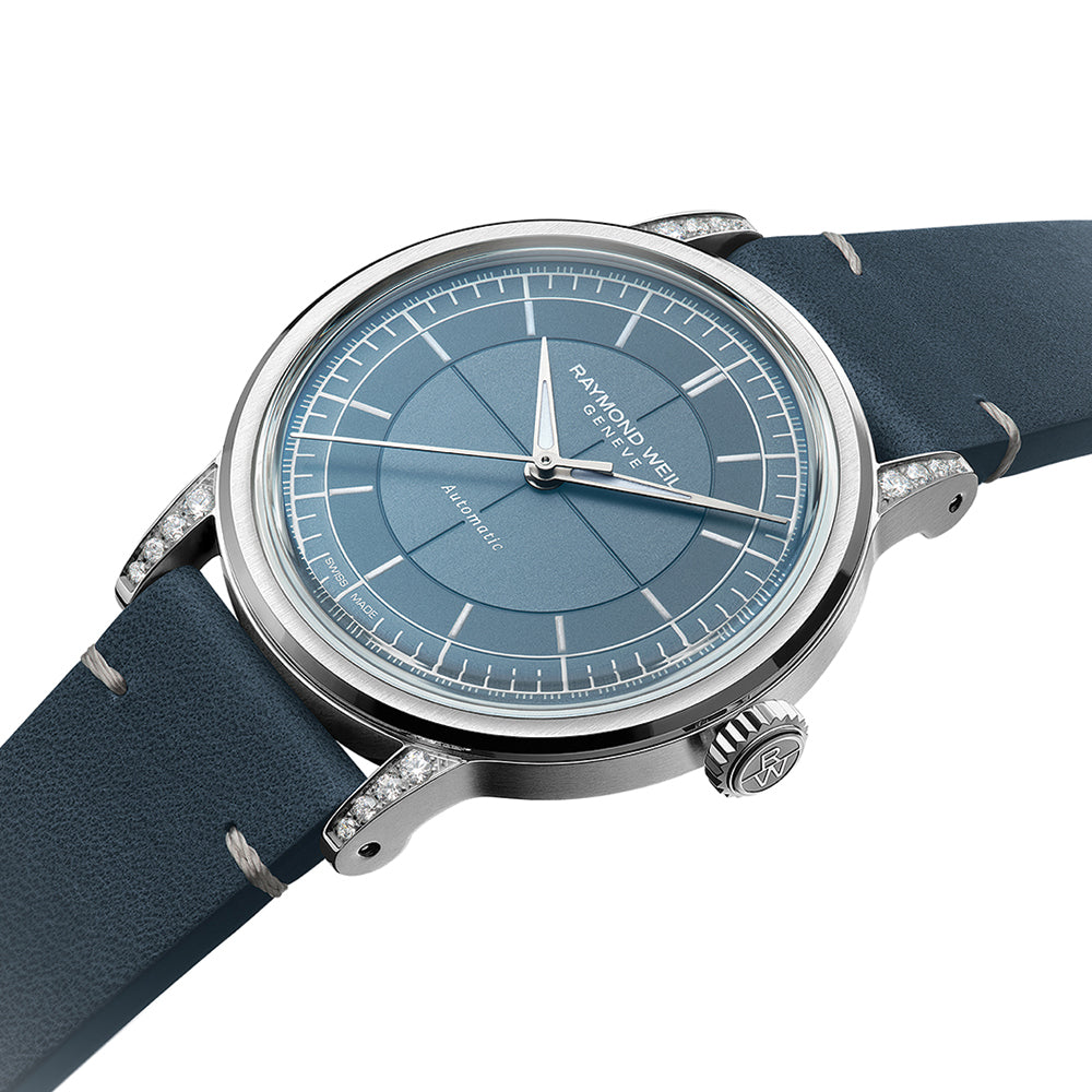 Millesime 35mm Automatic Watch with Central Seconds & Diamonds - Blue Dial & Leather Strap - Perfect for Business, Formal Events & Luxury Gift Giving