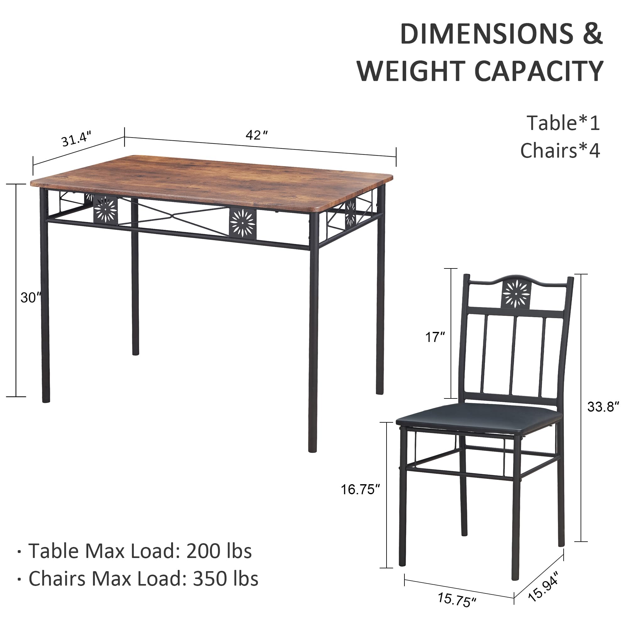 VECELO 5-Piece Retro Brown Kitchen Dining Table Set with Metal & Wood Rectangular Table and 4 Chairs - Perfect for Breakfast Nook, Small Space Dining, and Cozy Family Meals