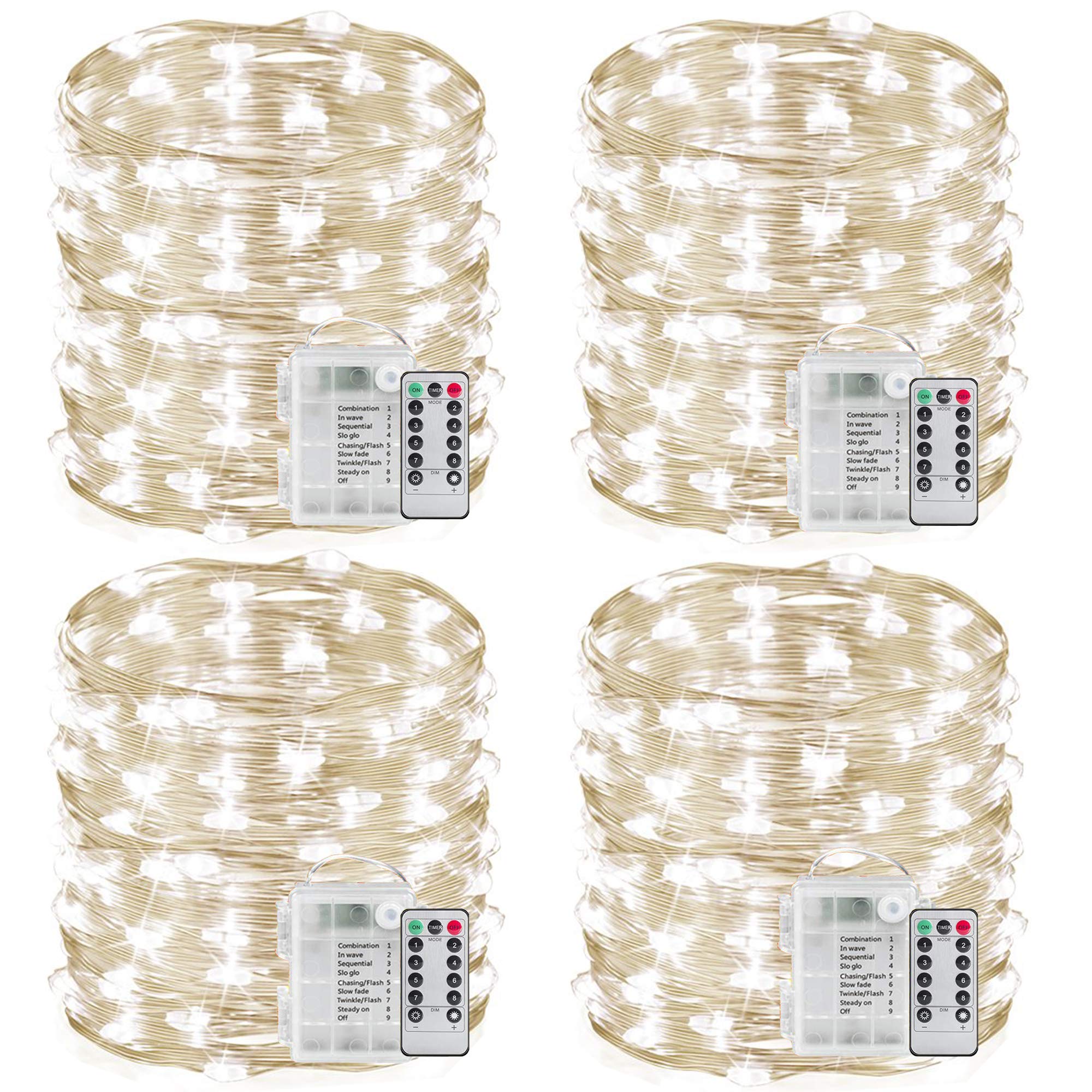 33ft Battery Fairy Lights with Remote - 100LED 4 Pack Waterproof for Bedroom & Outdoor Decor