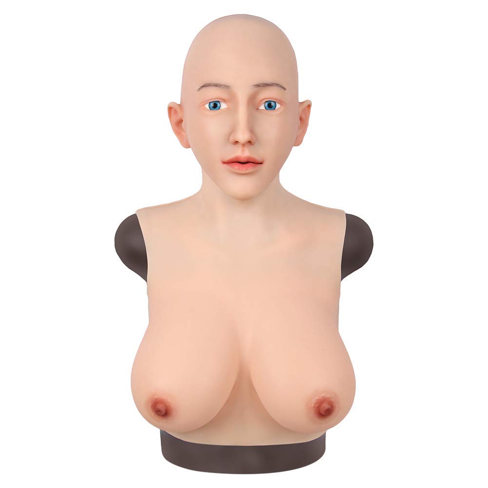 Premium Silicone Female Mask with D Cup Breast - Realistic Cosplay & Crossdressing Headwear (Tan, Silk Cotton) for Halloween, Parties & Performance Arts
