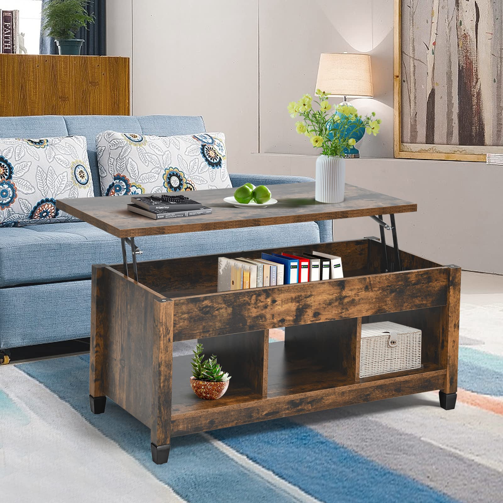 KOTEK Lift Top Coffee Table with Hidden Storage & Open Shelves - Modern Lift-Top Accent Table for Living Room, Reception Area - Rustic Brown Finish - Perfect for Small Spaces, Home Office & Apartment Decor