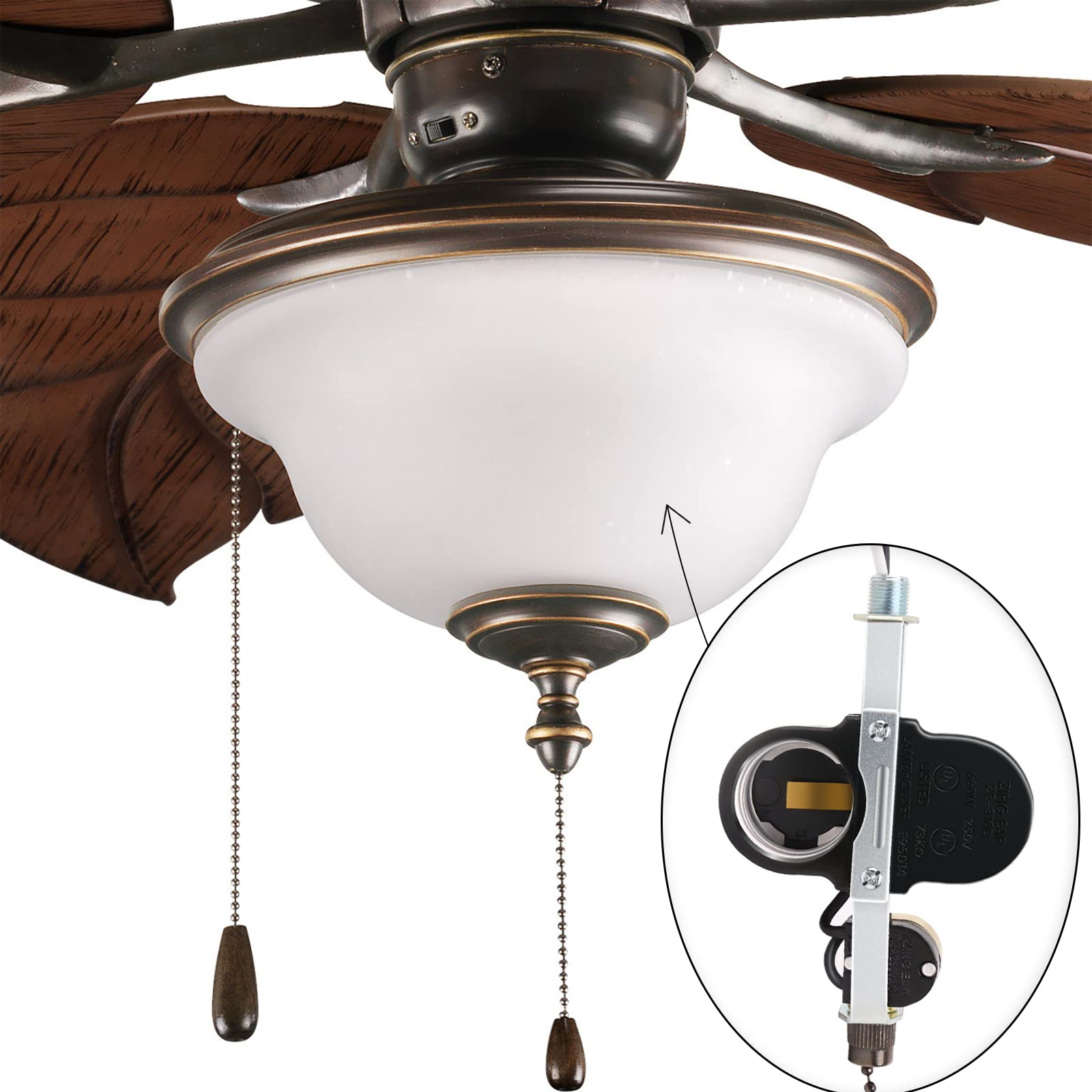Zing Ear ZE-310D Ceiling Fan Light Socket - 660W Dual E27 Lamp Holder with Pull Chain Switch - Perfect for Bedroom, Living Room & Outdoor Fan Installation