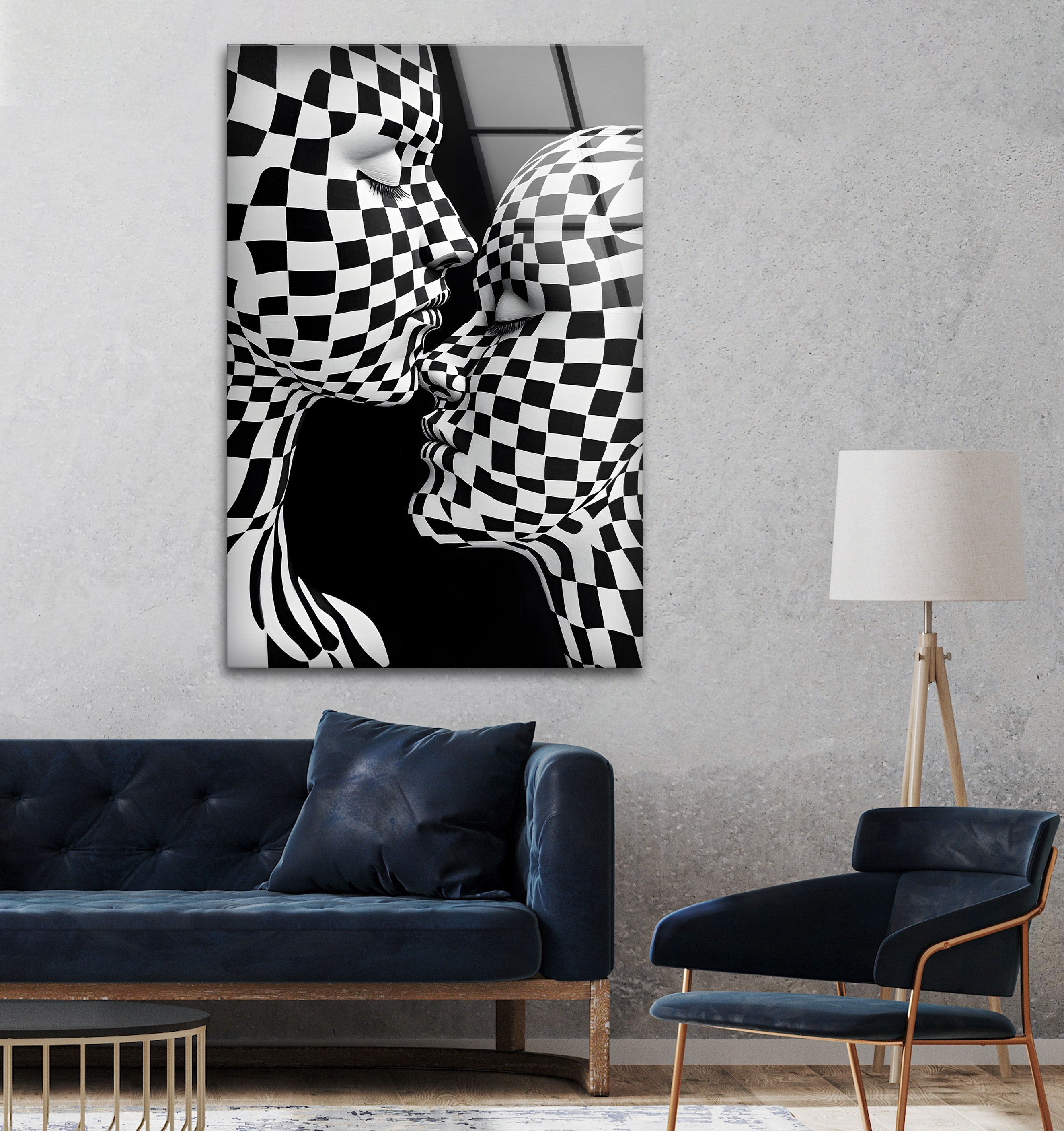 Black and White Kiss Wall Art - Modern Checkered Glass Decor for Living Room, Bedroom & Office - Perfect for Home & Office Décor