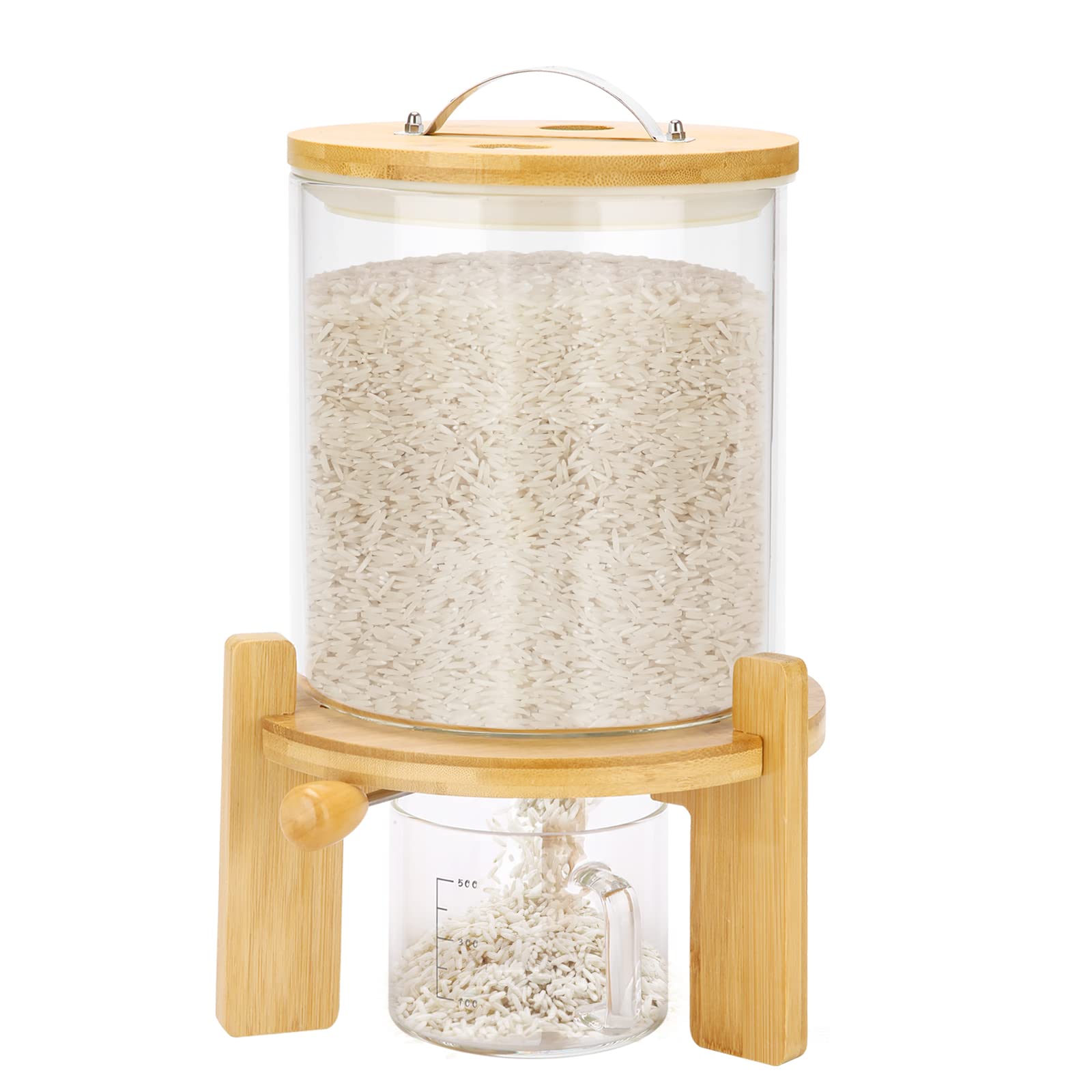 Glass Rice Dispenser with Wooden Stand - 5L Airtight Food Storage Container for Kitchen & Pantry Organization | Perfect for Meal Prep, Bulk Grain Storage & Countertop Display