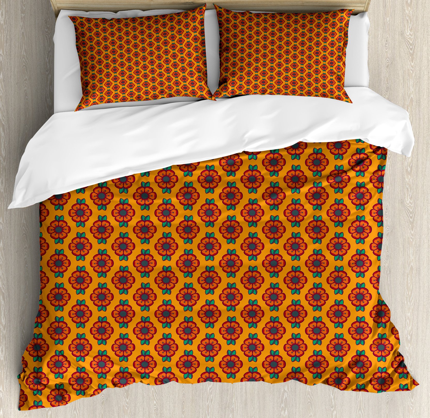 Ambesonne Burnt Orange Duvet Cover Set - King Size 3-Piece Abstract Floral Bedding with Blooming Petals & Foliage Leaves Design, Includes 2 Pillow Shams | Perfect for Bohemian & Modern Bedroom Decor, Guest Room Styling & Cozy Home Makeover