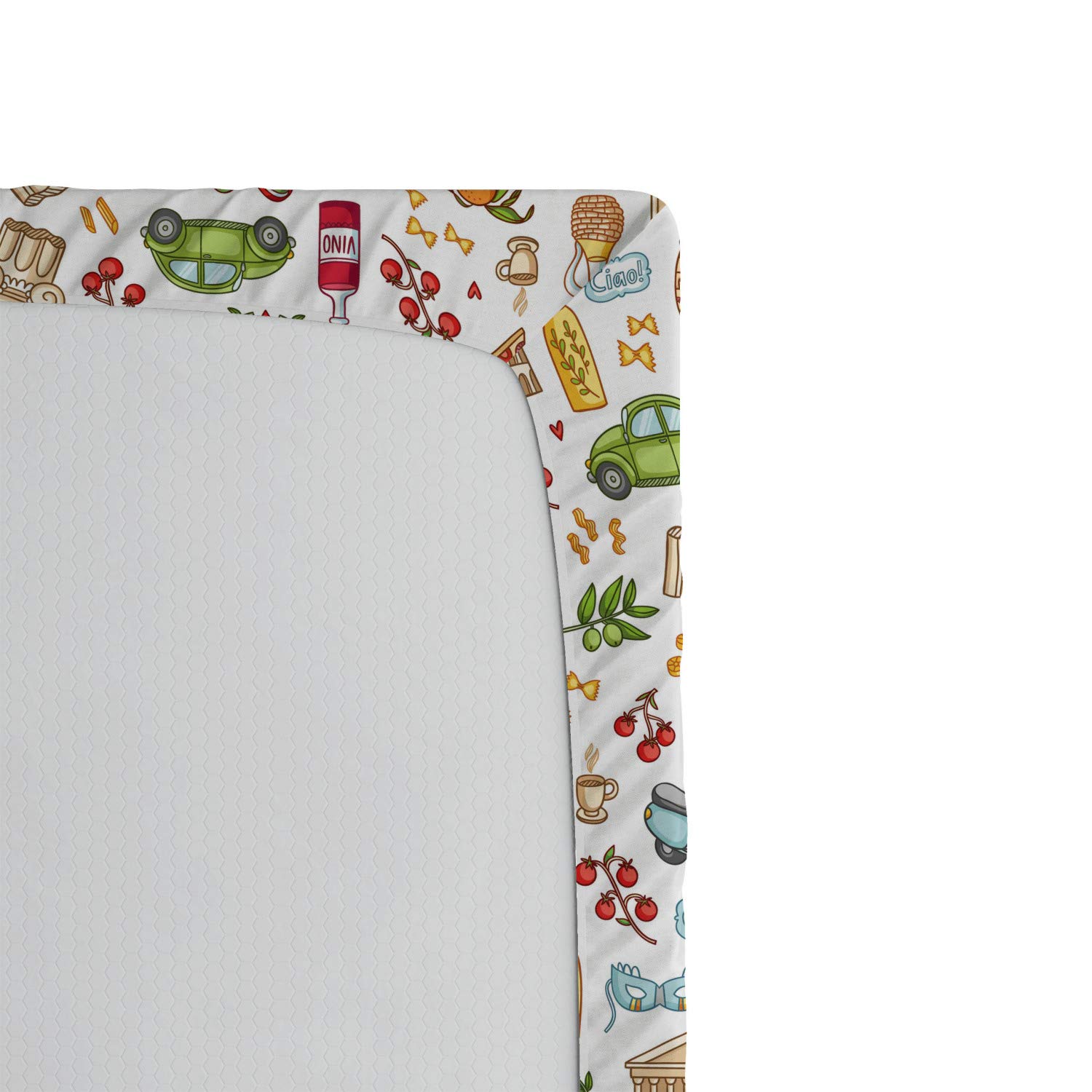 Lunarable King Size Fitted Sheet - Italian Landmarks Print (Leaning Tower of Pisa, Pizza Pasta) - Deep Pocket Elastic Bed Cover for Mattress - Perfect for Travel, Home Decor & European-Themed Bedrooms