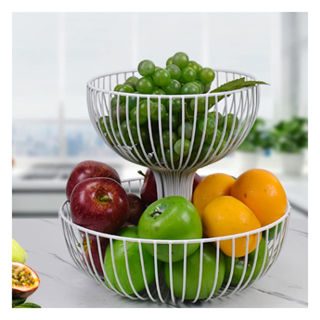 2 Tier Metal Fruit Bowl - Large White Countertop Fruit Basket for Kitchen, Vegetables & Snacks Storage | Perfect for Dining Table, Pantry Organization & Healthy Eating