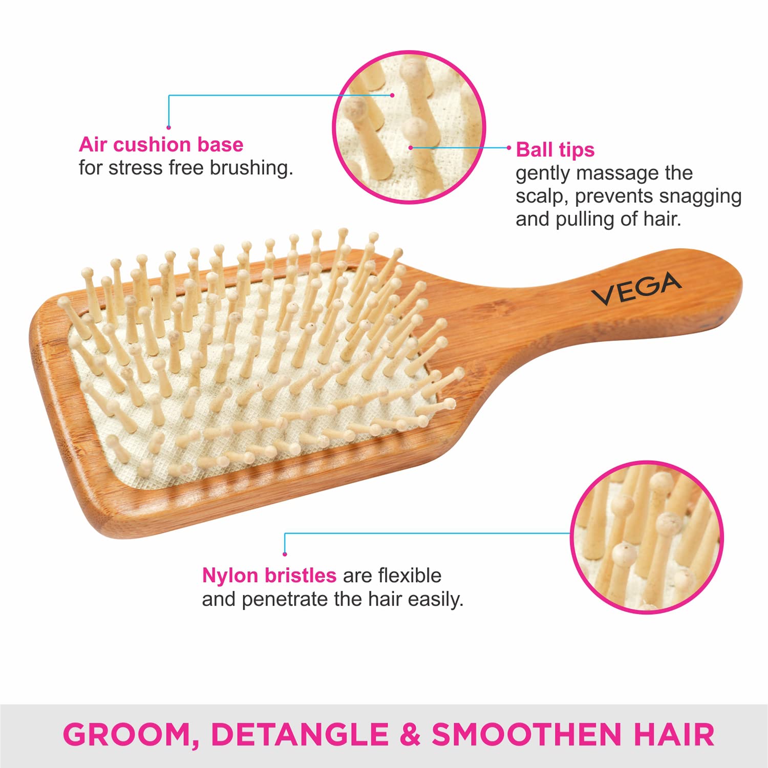 Vega Wooden Bristle Paddle Hair Brush for Men & Women - India's No.1 Hair Brush Brand (E2-PBB) - Perfect for Detangling, Styling & Scalp Massage at Home or Salon