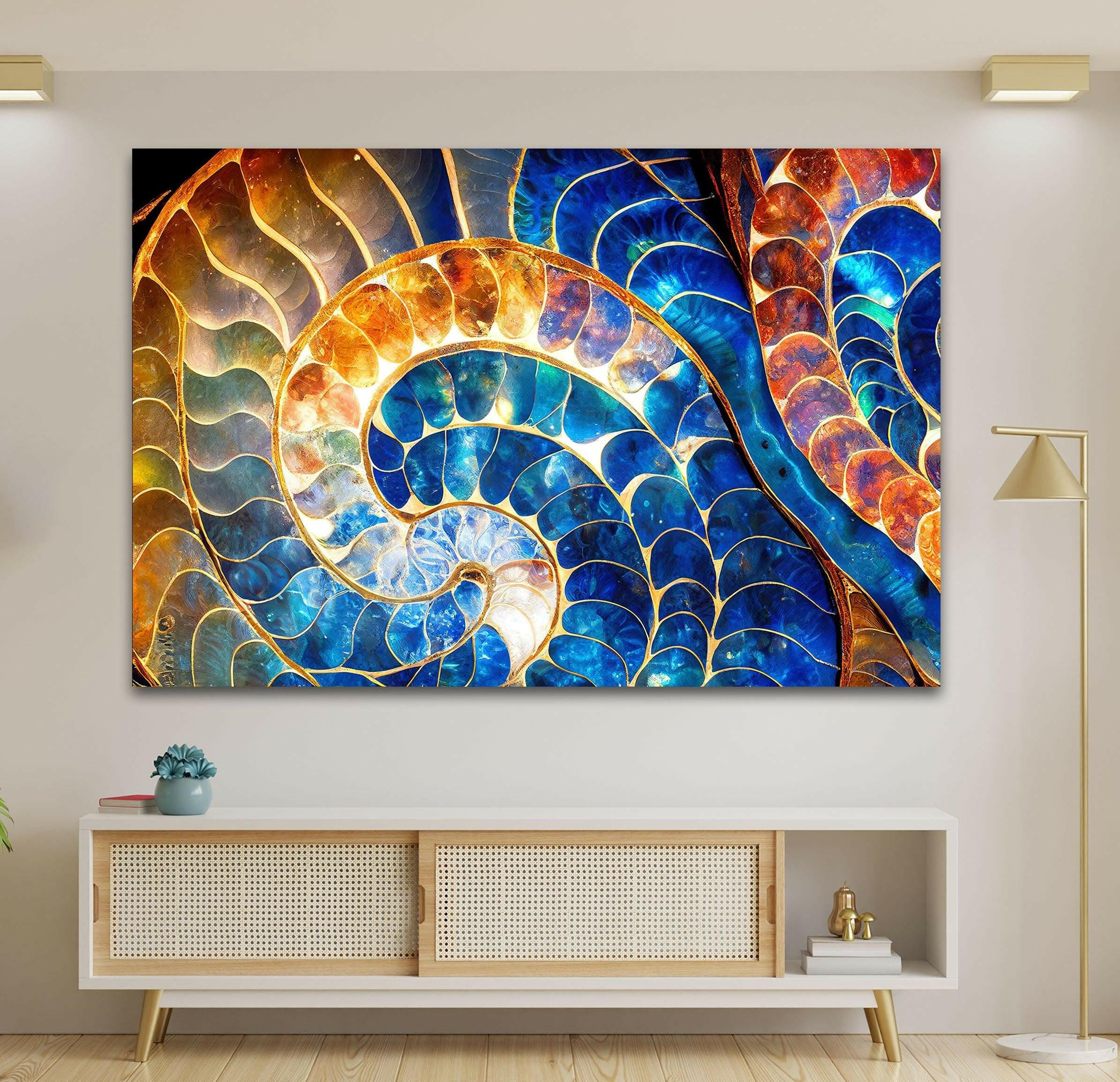 Blue & Orange Shell Glass Wall Art - Handmade Coastal Decor for Living Room, Bedroom, or Beach House - Perfect for Boho, Nautical & Seaside Home Decor