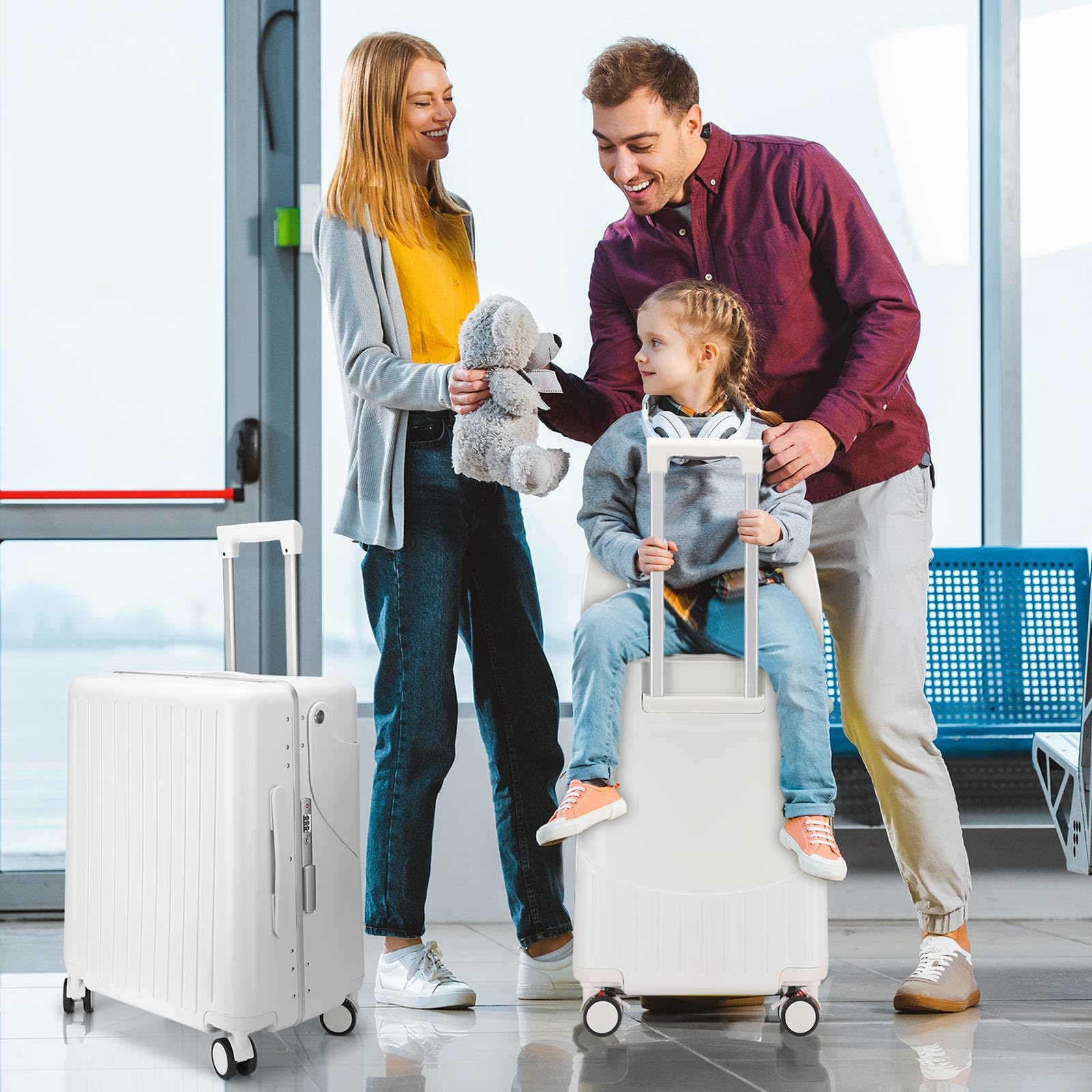 20 Inch Kids Ride-On Luggage with Seat - Top Opening Aluminum Frame Spinner Suitcase with TSA Locks for Air Travel - Lightweight Carry-On for Children (White) | Perfect for Family Vacations, School Trips & Airport Adventures