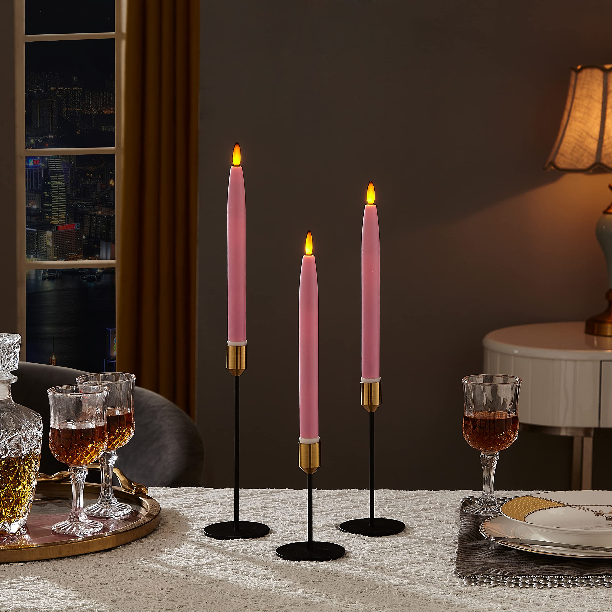 Flameless LED Taper Candles with Timer & Remote - Real Wax Look Battery Operated Candles, Set of 3 Pink Tapered Dinner Candles for Windows, Tables, Christmas Decorations, Wedding Centerpieces - Perfect for Romantic Dinners, Holiday Decor & Special Occasions