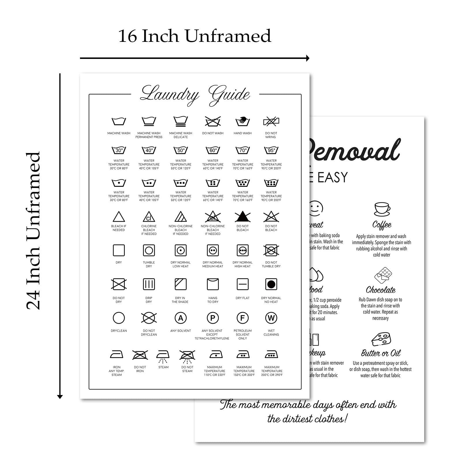 Modern Laundry Room Wall Art - Minimalist Black & White Laundry Care Guide Poster with Stain Removal Symbols (16x24 Inches, Set of 2, Unframed) - Perfect for Laundry Room Decor, Home Organization & Gift Ideas
