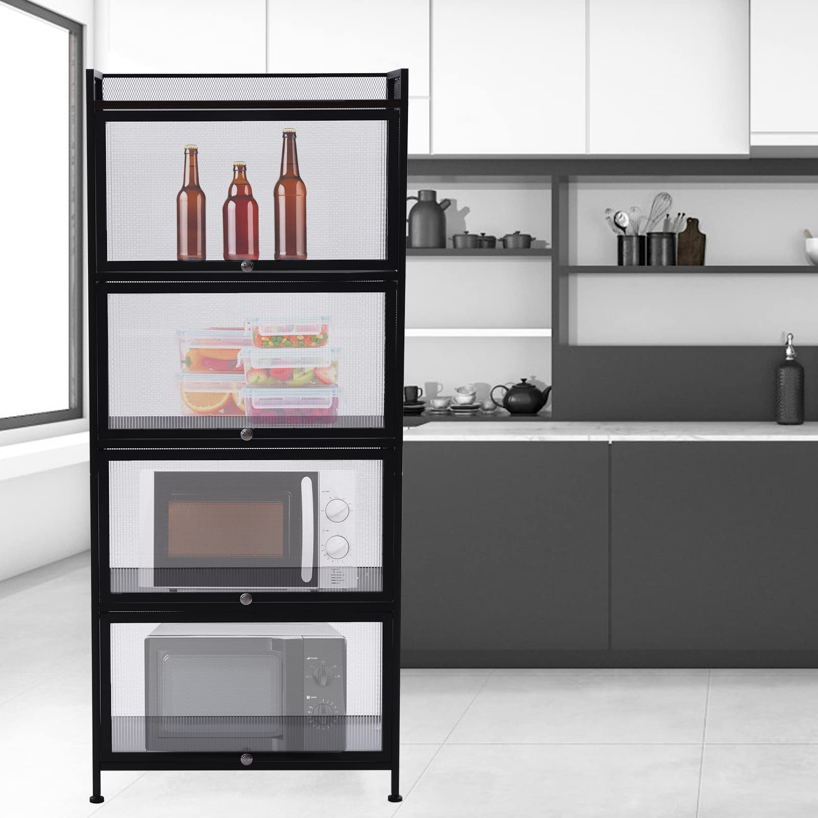 5-Tier Kitchen Pantry Storage Cabinet with Drawer & Net Rack - Organize Spices, Food & Supplies - Perfect for Living Room, Bathroom & Entryway (Black)