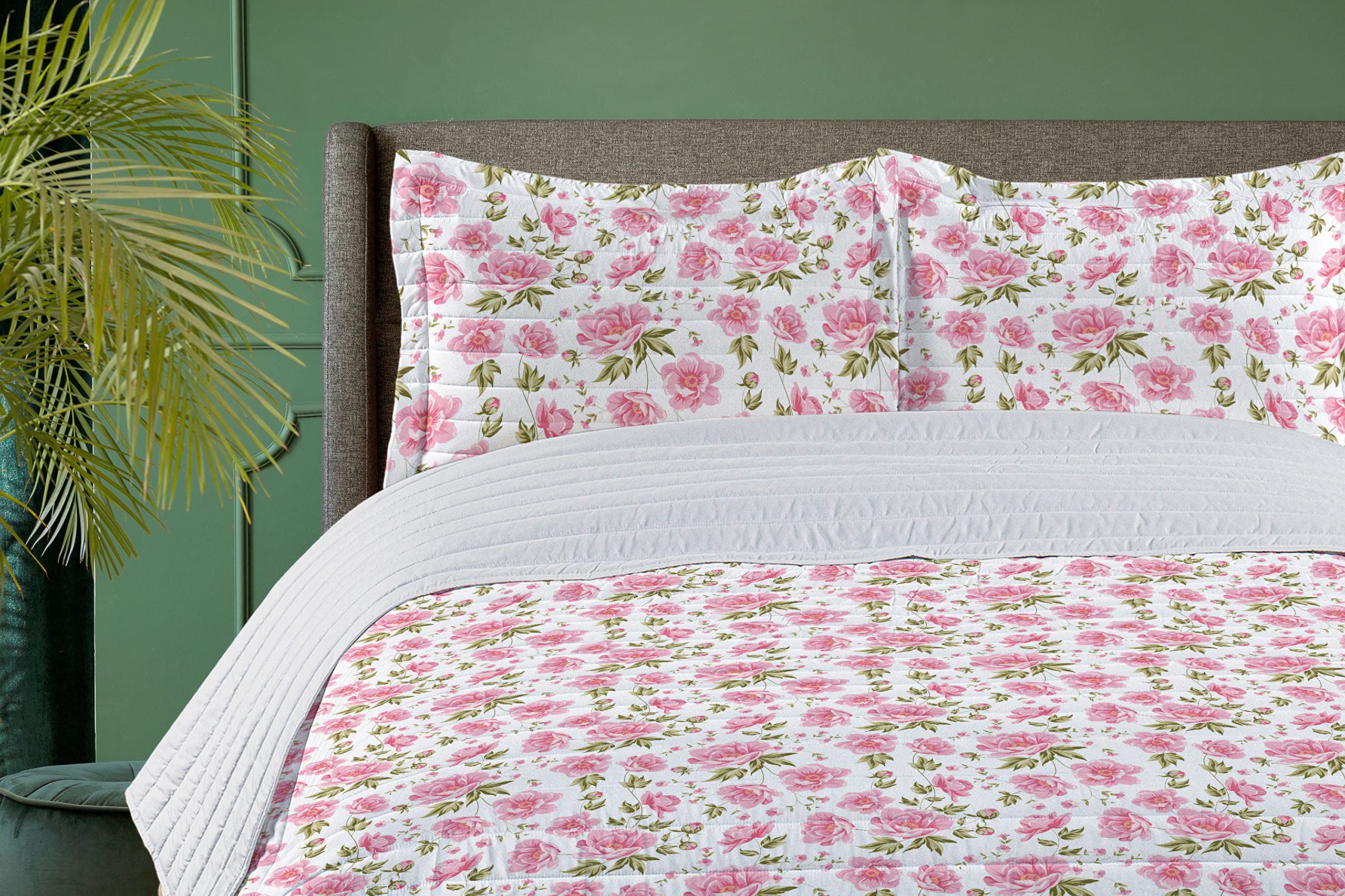 Lunarable Peonies Microfiber Bedspread Set - Queen Size Soft Bedding with Pillow Shams & Comforter in Olive Green Pink White | Shabby Chic Floral Design with Cherry Blossom Twigs | Perfect for Romantic Bedroom Decor, Summer Home Refresh & Cozy Nights