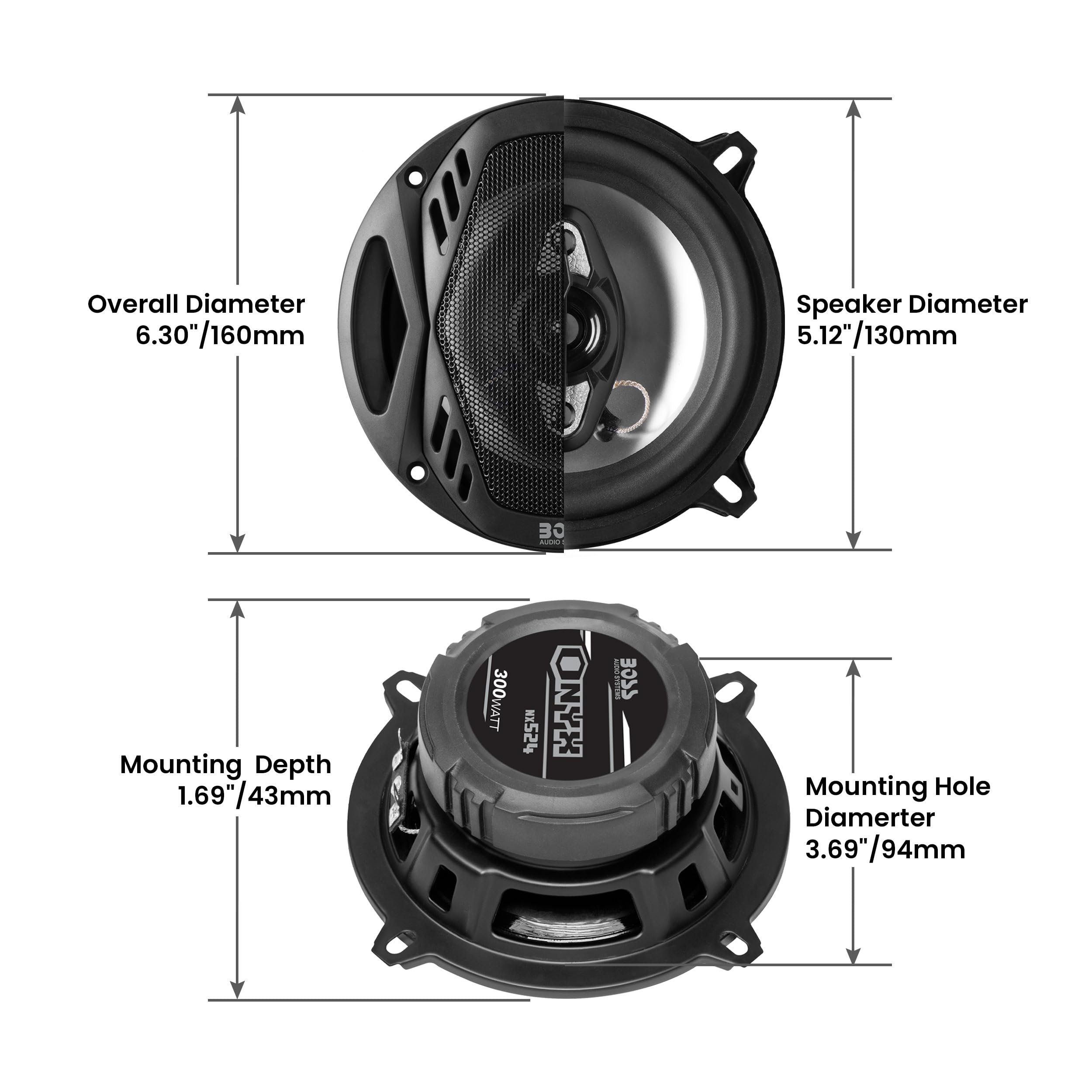 BOSS Audio NX524 Onyx Series 5.25 Inch Car Door Speakers - 300W Coaxial 4-Way Full Range 4 Ohm Pair - Ideal for Car Audio Upgrades and Enhanced In-Car Sound Experience