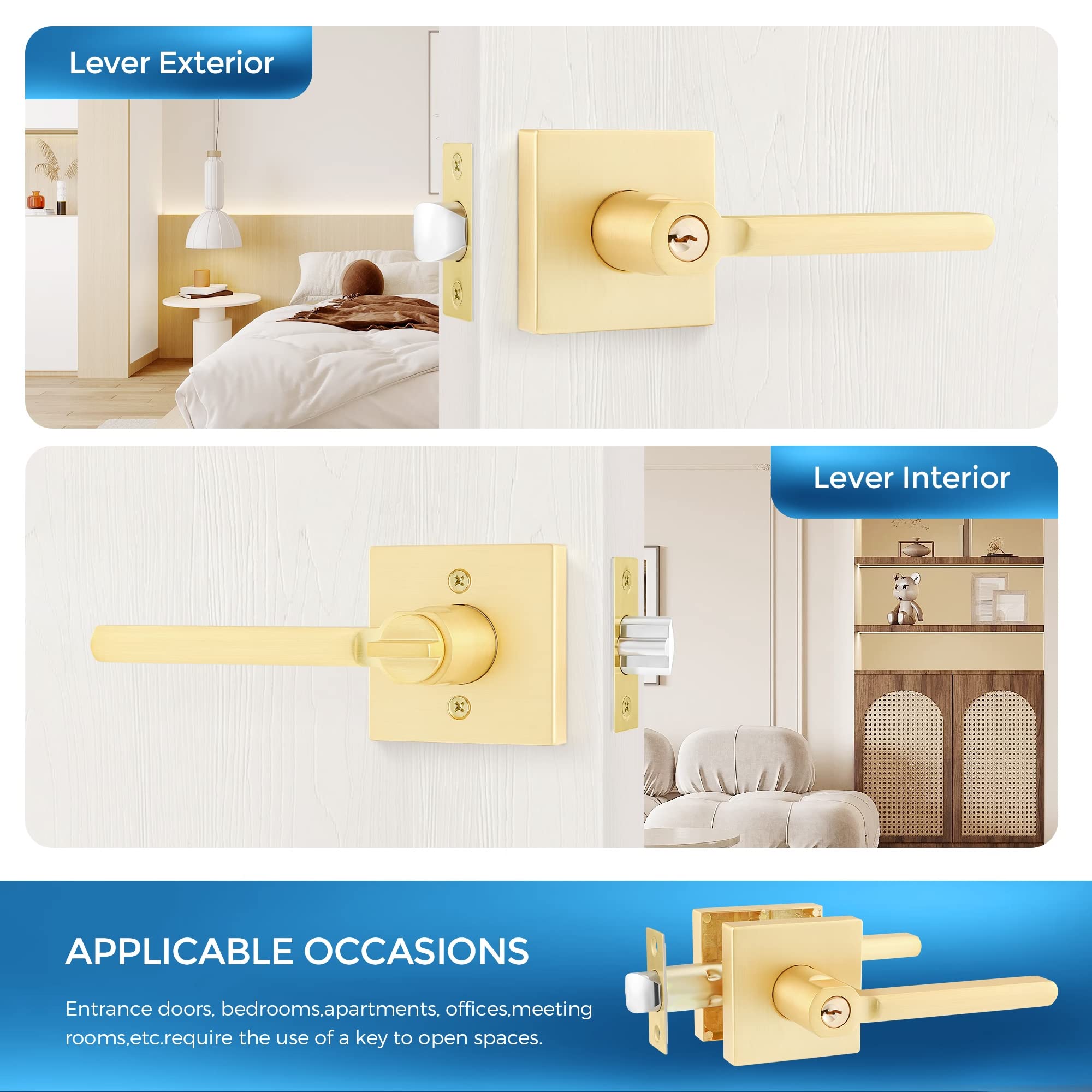 Heavy Duty Door Lever Set - 4 Pack, Satin Brass Finish for Office & Front Door Entry