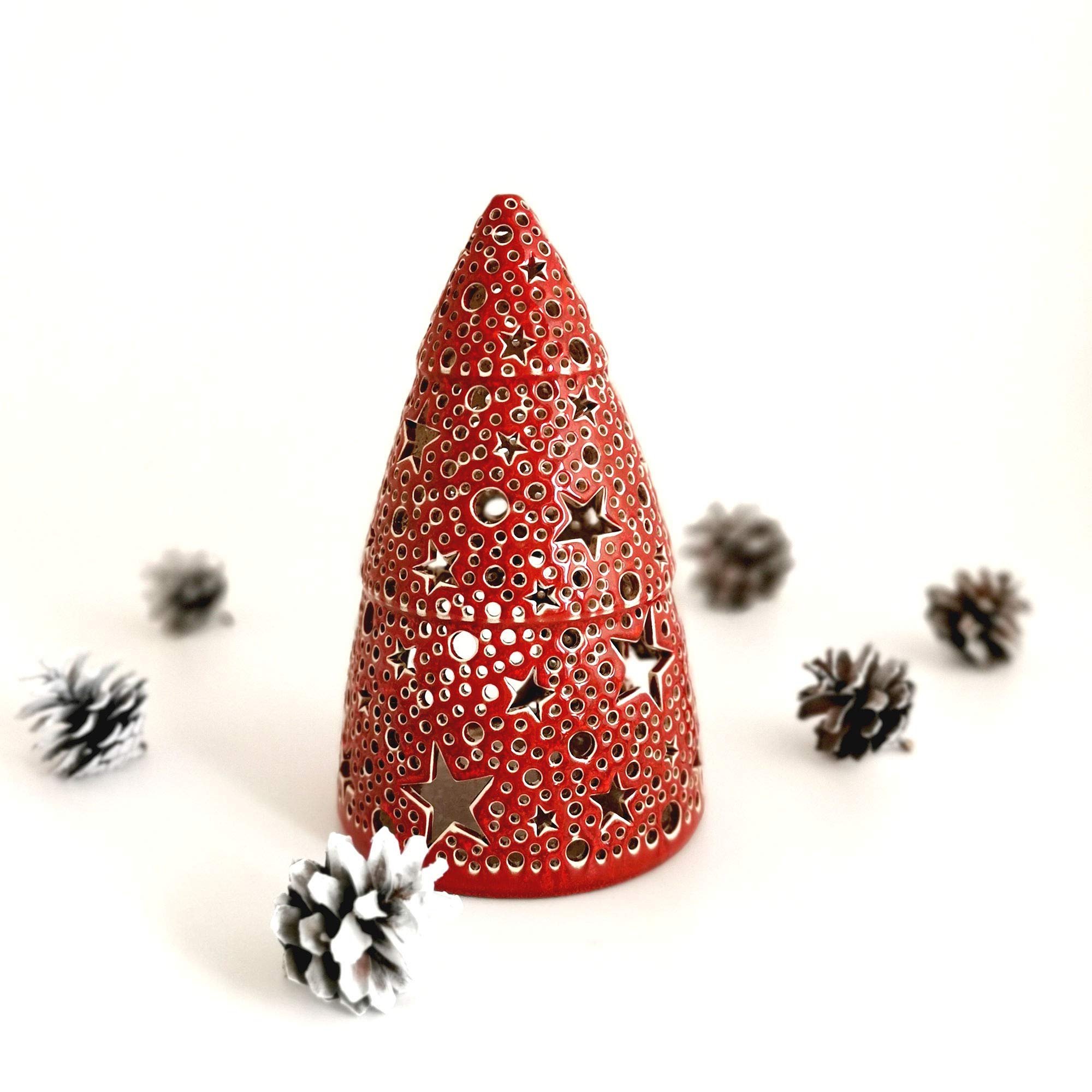 Handmade Red Christmas Tealight Holder - Ceramic Candle Lantern with Stars & Bubbles Design for Holiday Decor, Xmas Tabletop Centerpiece, Gift Idea (Perfect for Mantel Decor, Dinner Party Lighting, Winter Wedding Decorations)